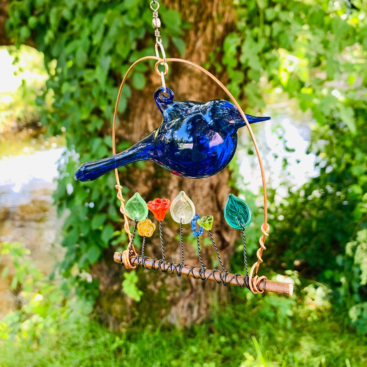 Hand Blown Glass Bird Wired Flower Garden Swing 2, Blue Decor Whimsical Wire and Glass 