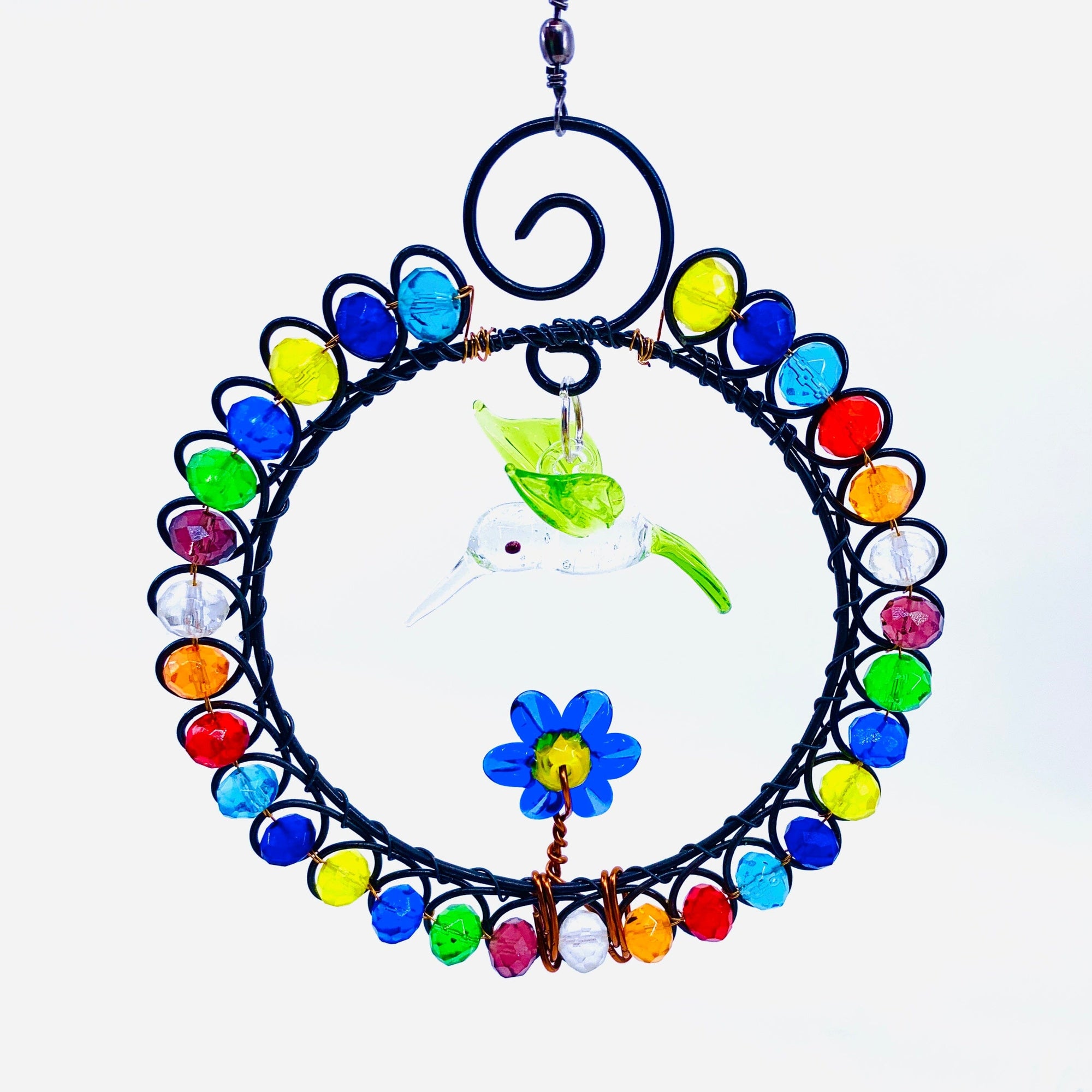 Glass Beaded Suncatcher Flower and Hummingbird 5, Green Decor Whimsical Wire and Glass 