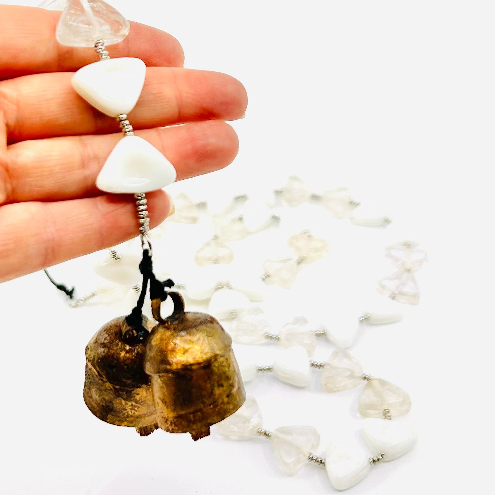 Hanging Beaded Glass with Bell, Cool Whites 8 Decor MOKSHA 