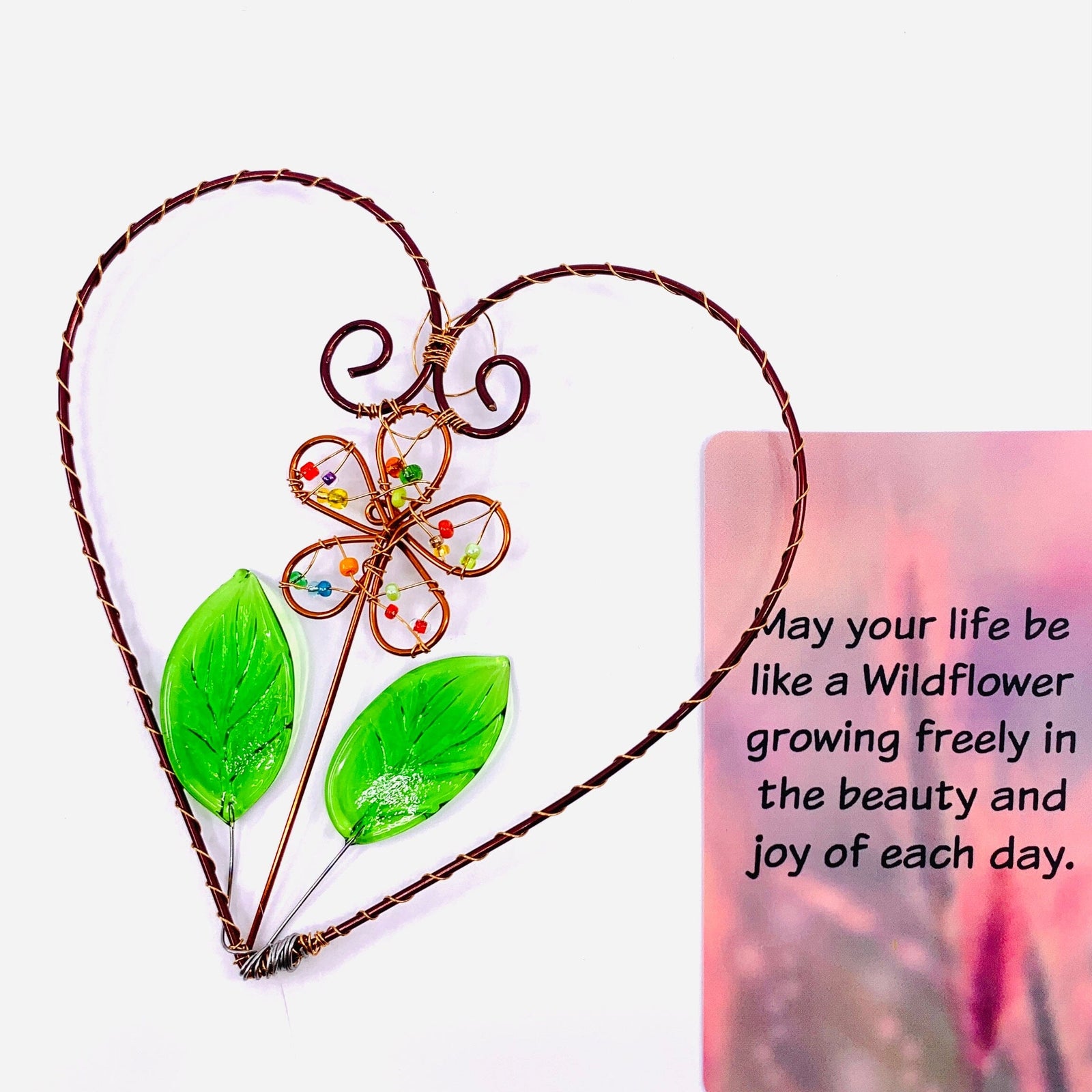 Carded Copper Suncatcher 5, Heart Green Decor Whimsical Wire and Glass 