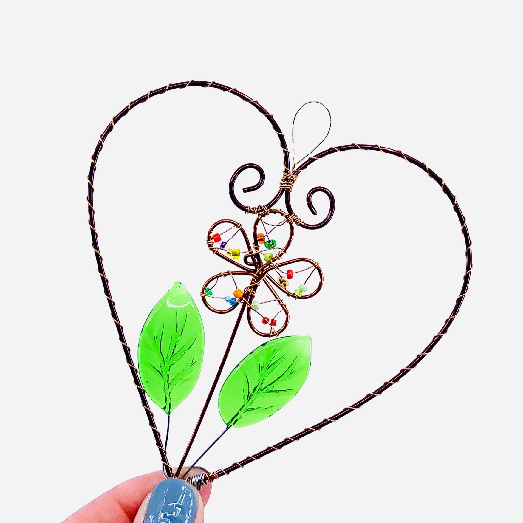 Carded Copper Suncatcher 5, Heart Green Decor Whimsical Wire and Glass 