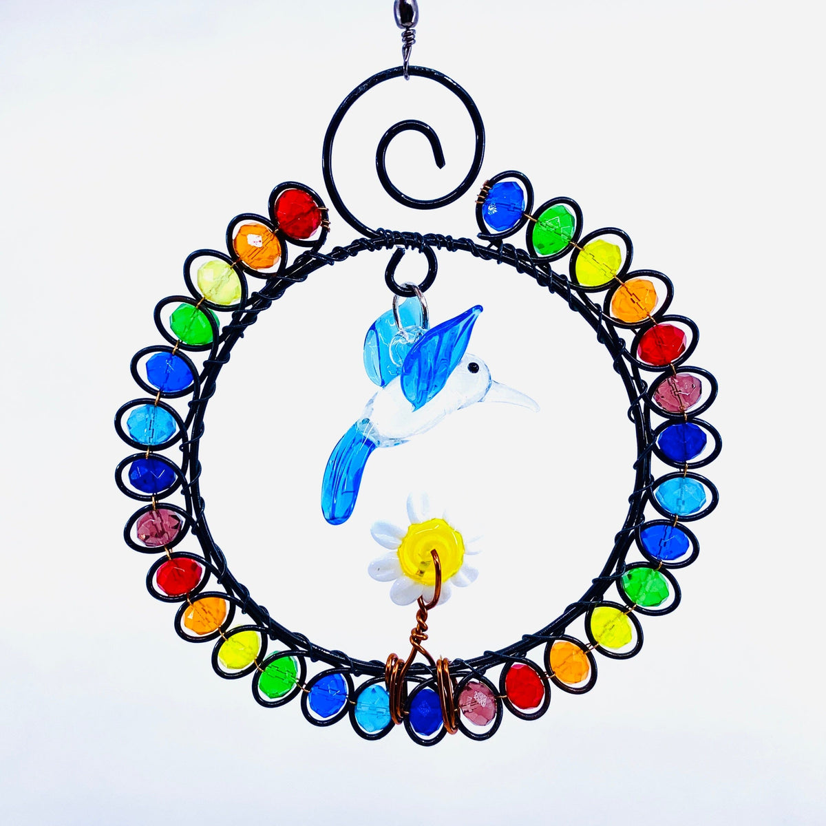 Glass Beaded Suncatcher Flower and Hummingbird 4, Blue