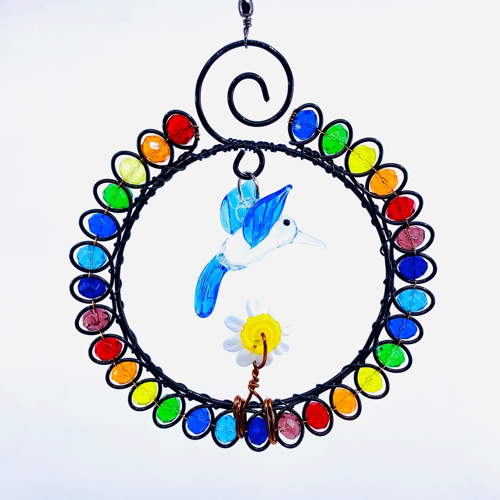 Glass Beaded Suncatcher Flower and Hummingbird 4, Blue Decor Whimsical Wire and Glass 