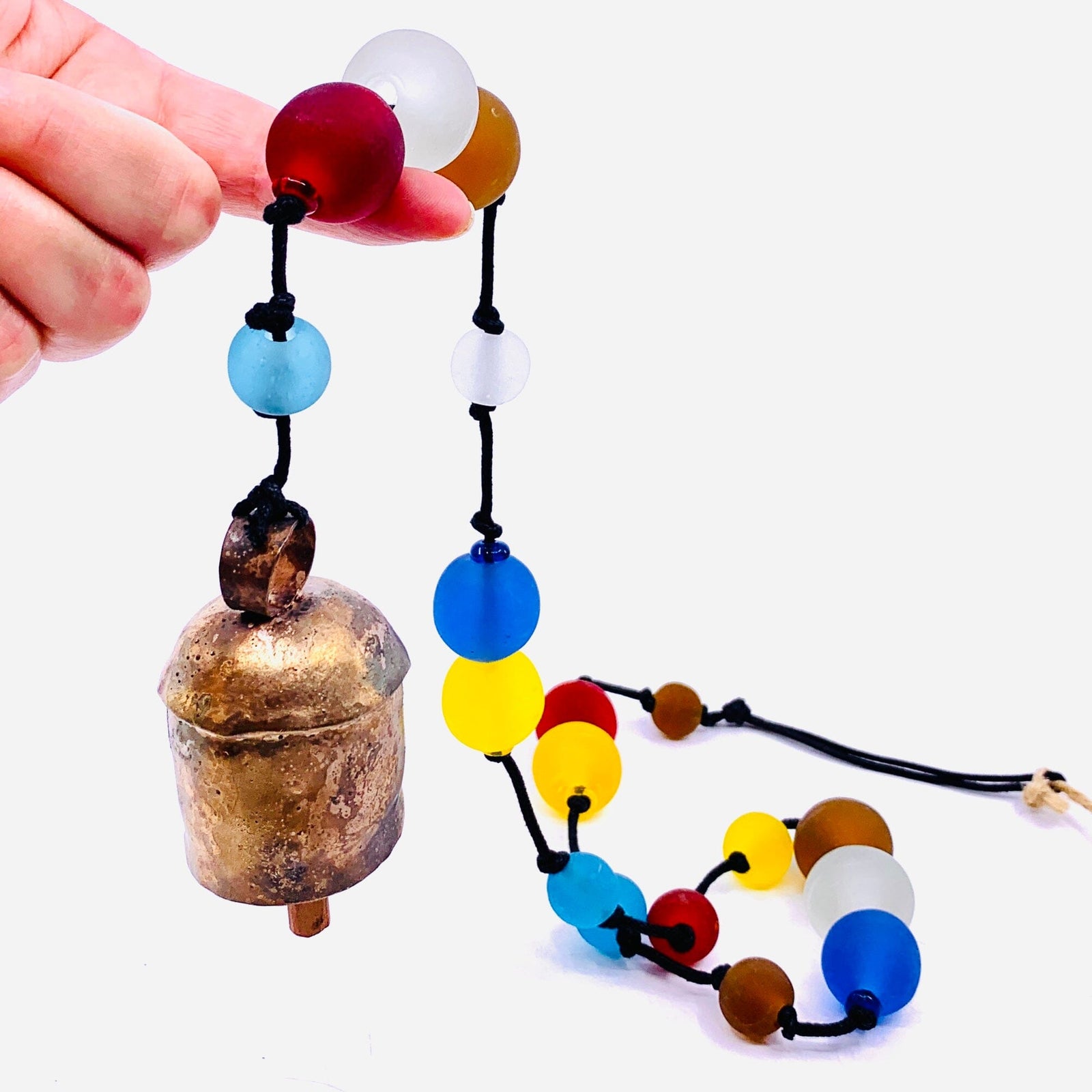 Hanging Beaded Glass with Bell, Bright Sea Glass 5 Decor MOKSHA 