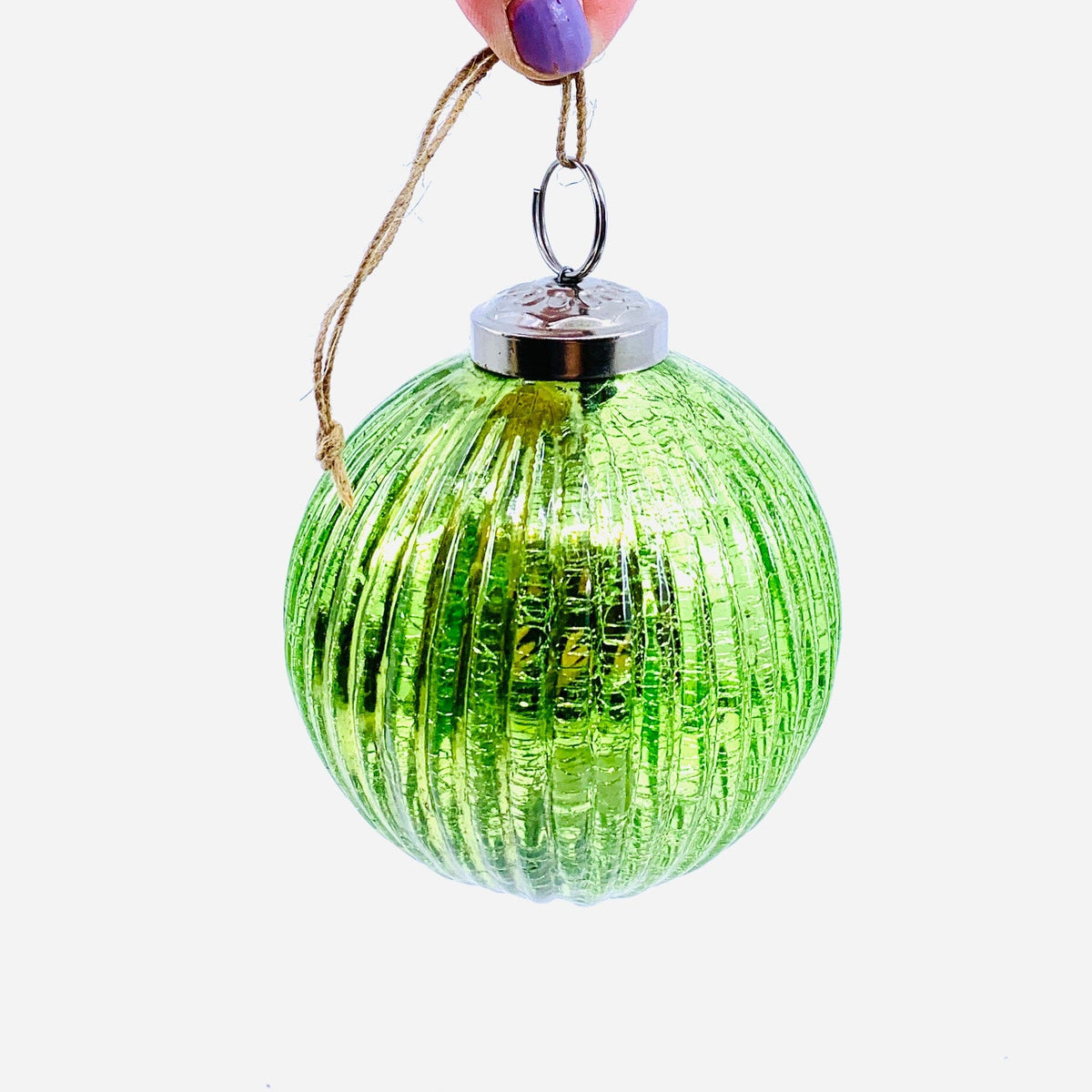 Mercury Glass Ribbed Crackle Ornament 4, Green India House Brass 