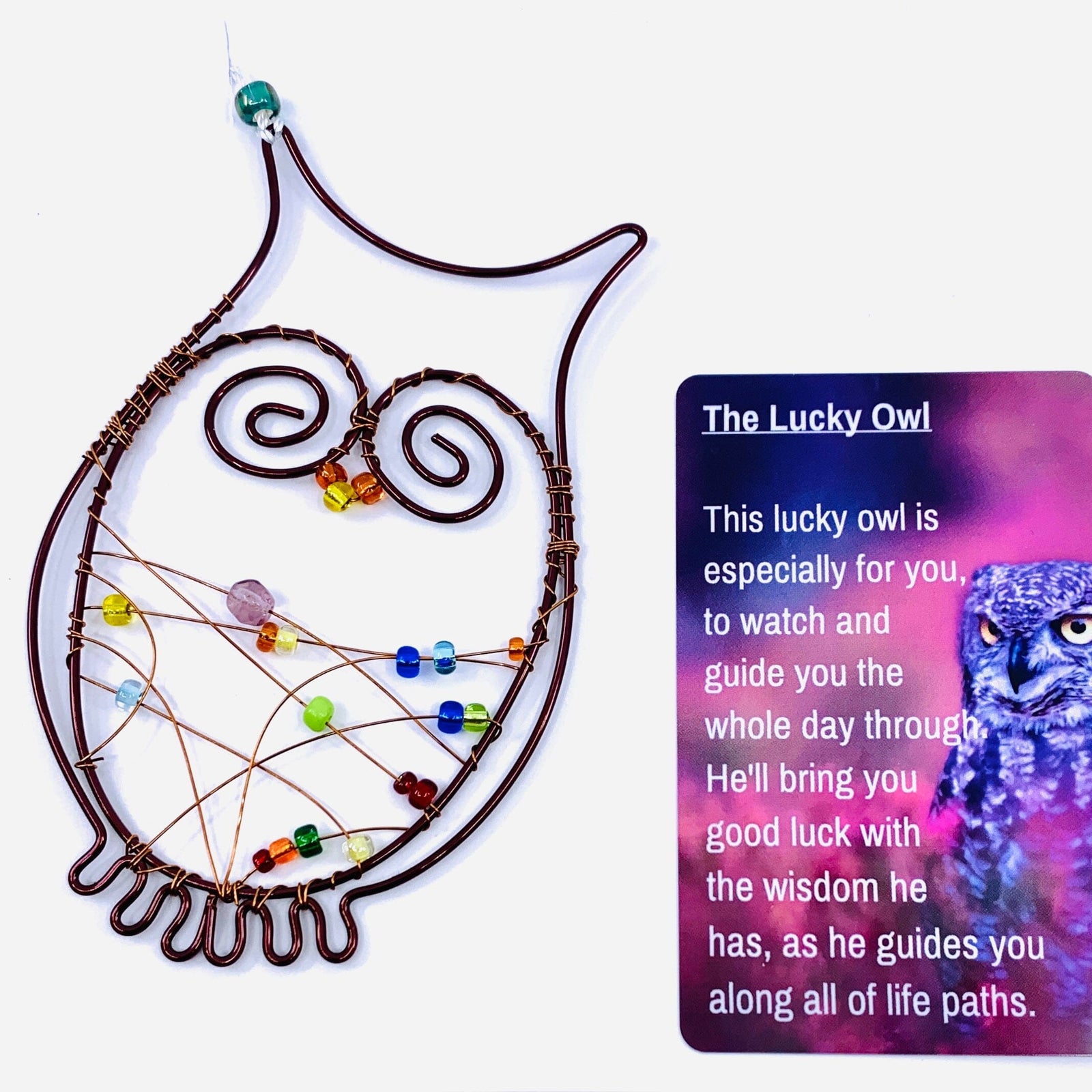 Carded Copper Suncatcher 1, Owl Decor Whimsical Wire and Glass 