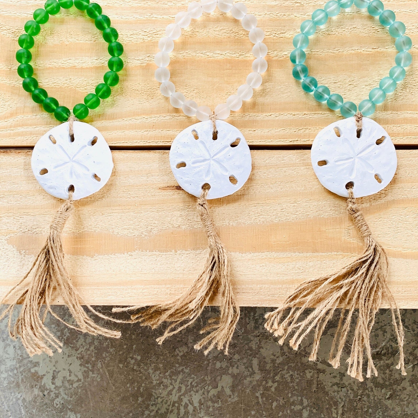 Sand Dollar Glass Beaded Tassle, Green Ornament GANZ 