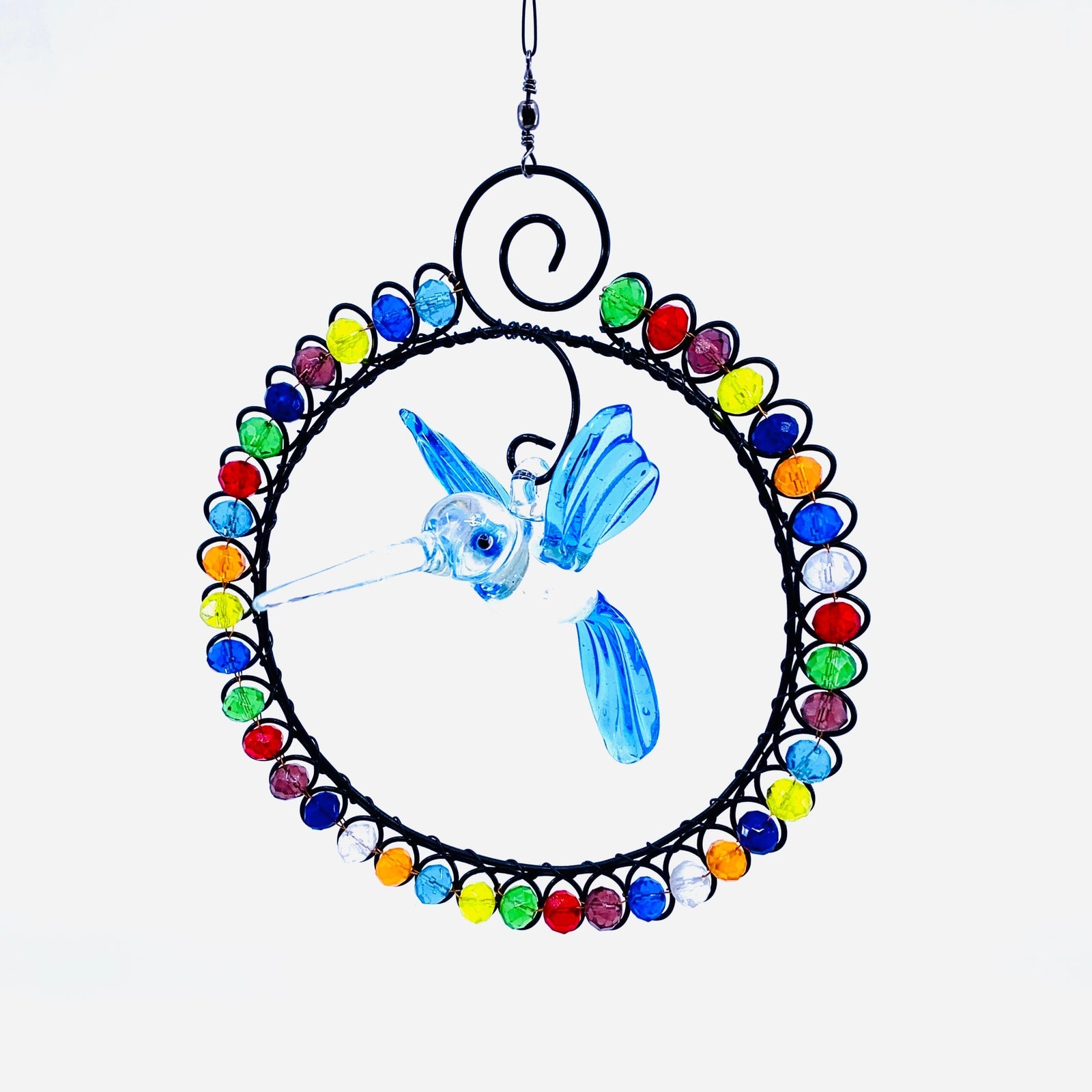 Glass Beaded Suncatcher with Hummingbird 8 , Blue Decor Whimsical Wire and Glass 