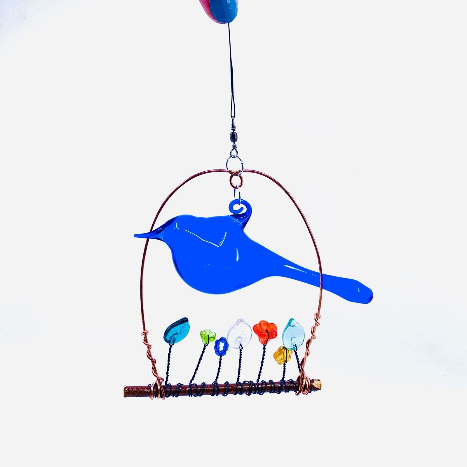 Hand Blown Glass Bird Wired Flower Garden Swing 2, Blue Decor Whimsical Wire and Glass 