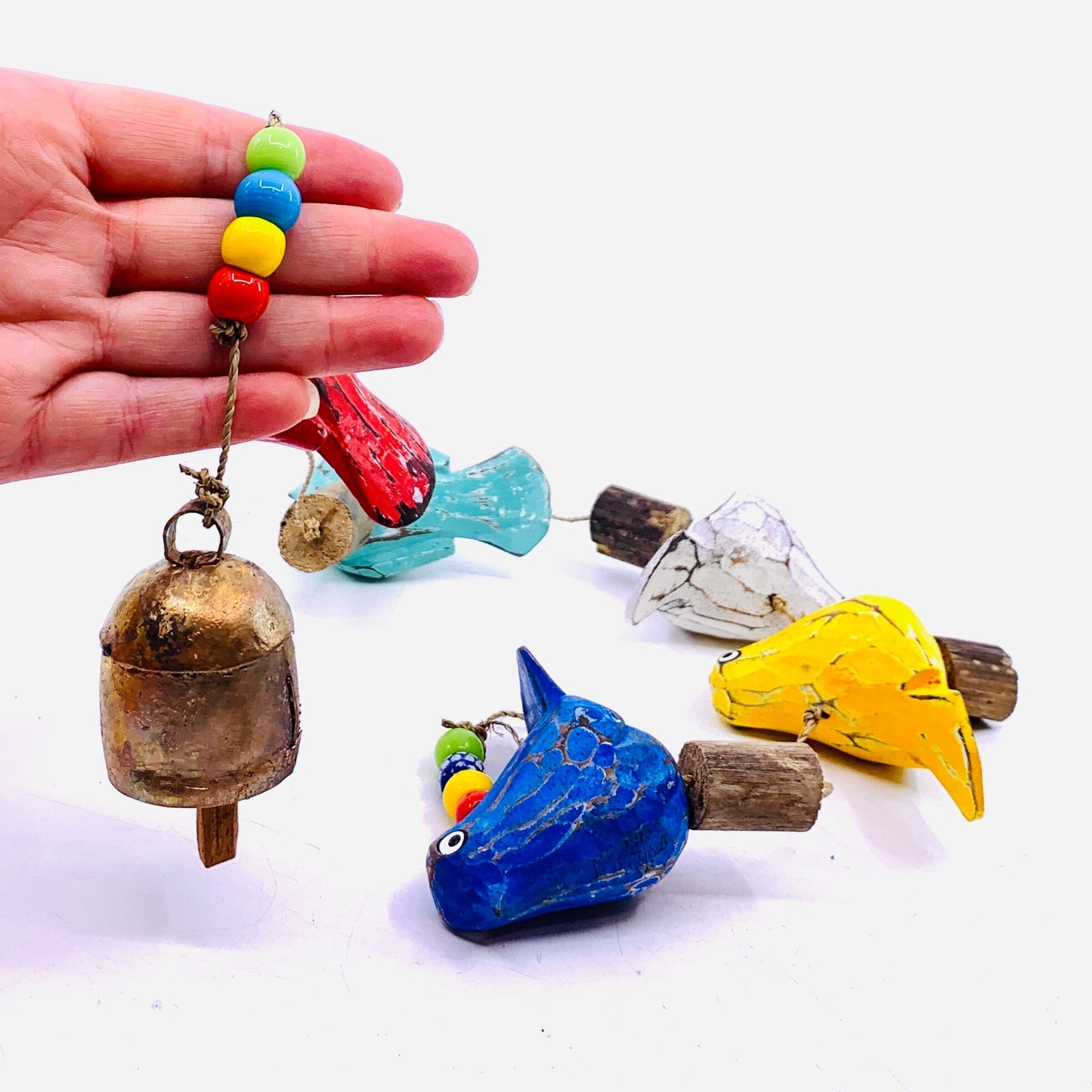 Hand Painted Wooden Birds Glass Bead Garland with Bell 13 Decor MOKSHA 