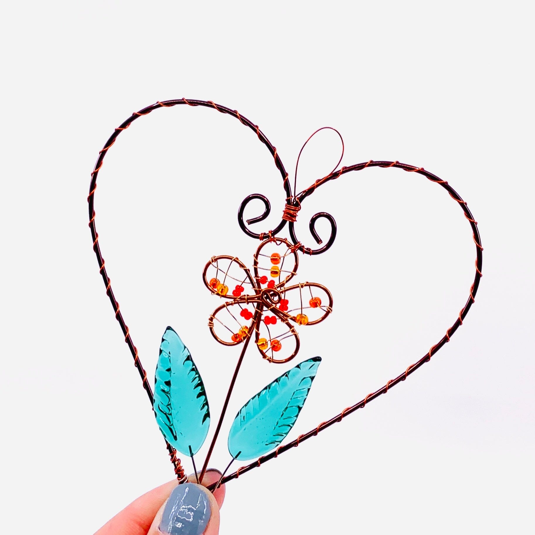 Carded Copper Suncatcher 4, Heart Teal Decor Whimsical Wire and Glass 