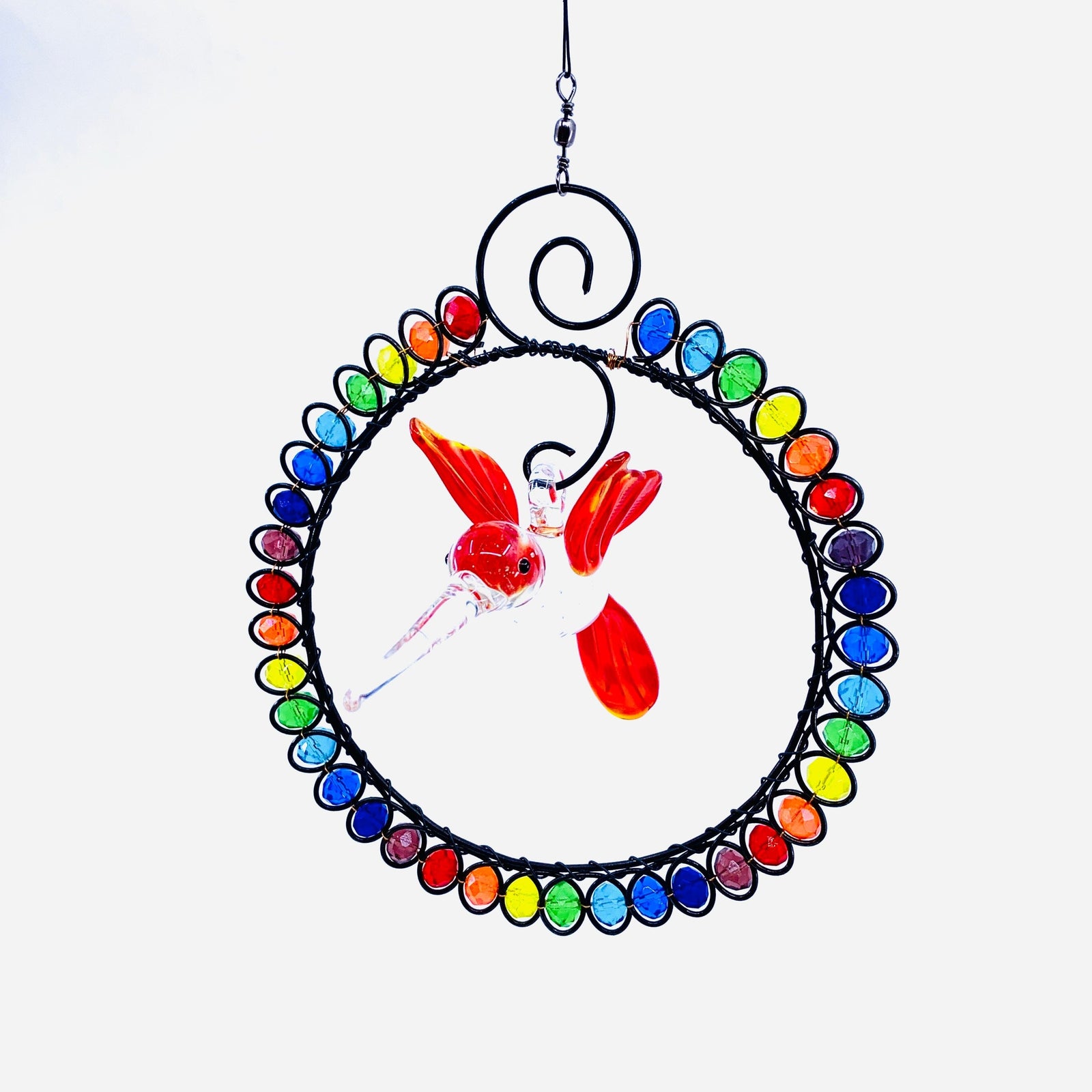 Glass Beaded Suncatcher with Hummingbird 7, Red Decor Whimsical Wire and Glass 
