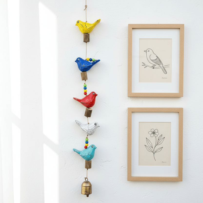 Hand Painted Wooden Bird Hanging Bell Garland Decor MOKSHA 