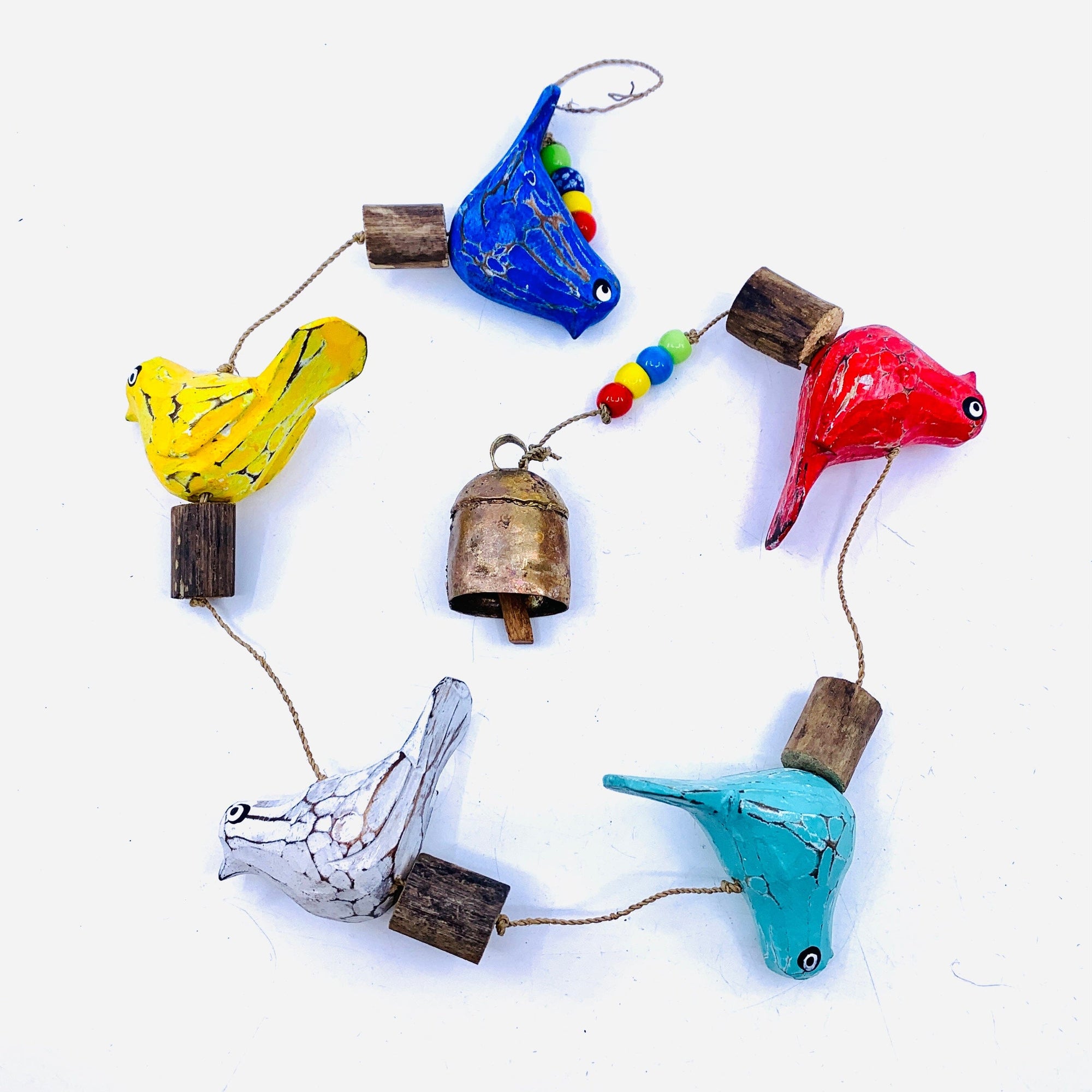 Hand Painted Wooden Birds Glass Bead Garland with Bell 13 Decor MOKSHA 