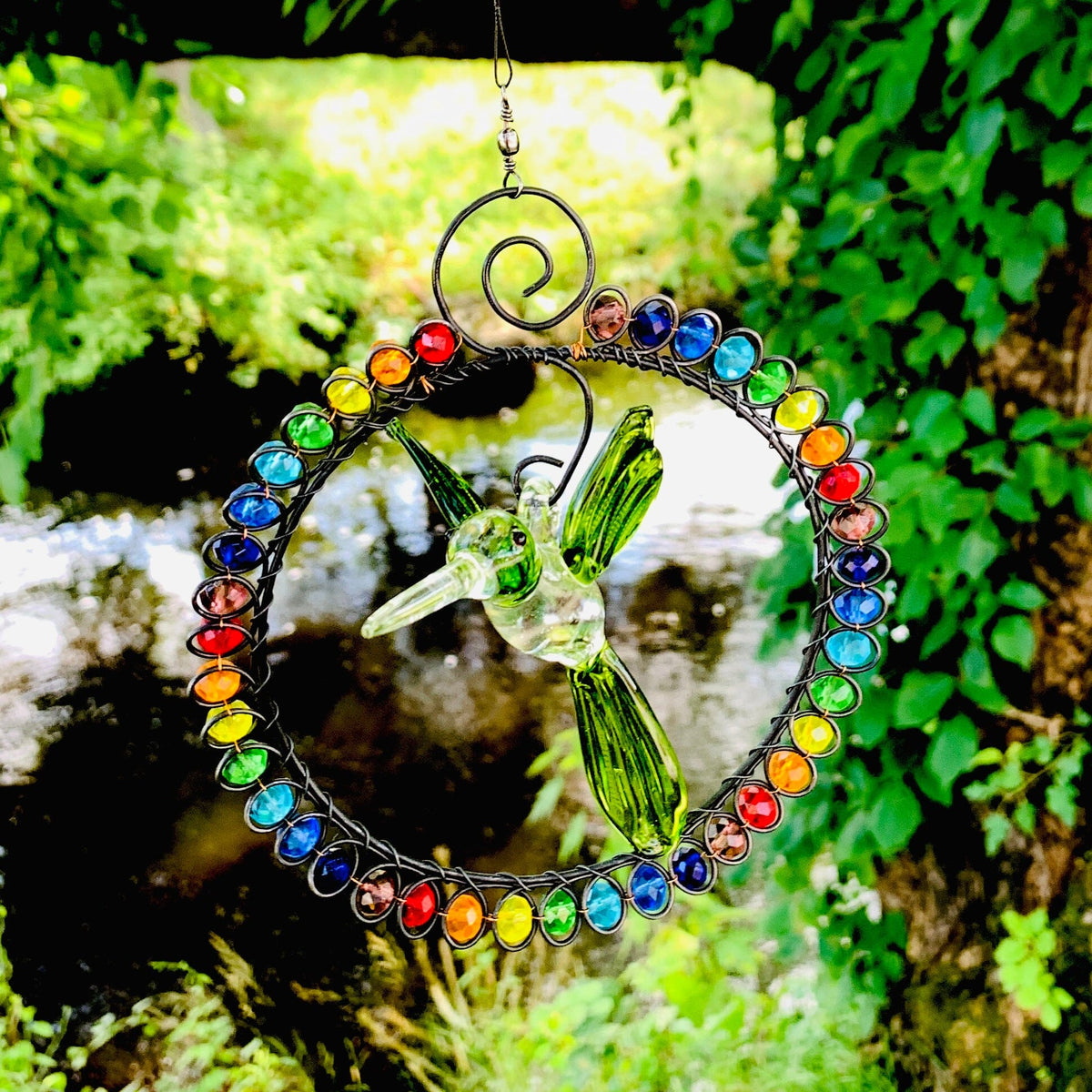 Glass Beaded Suncatcher with Hummingbird 9, Green