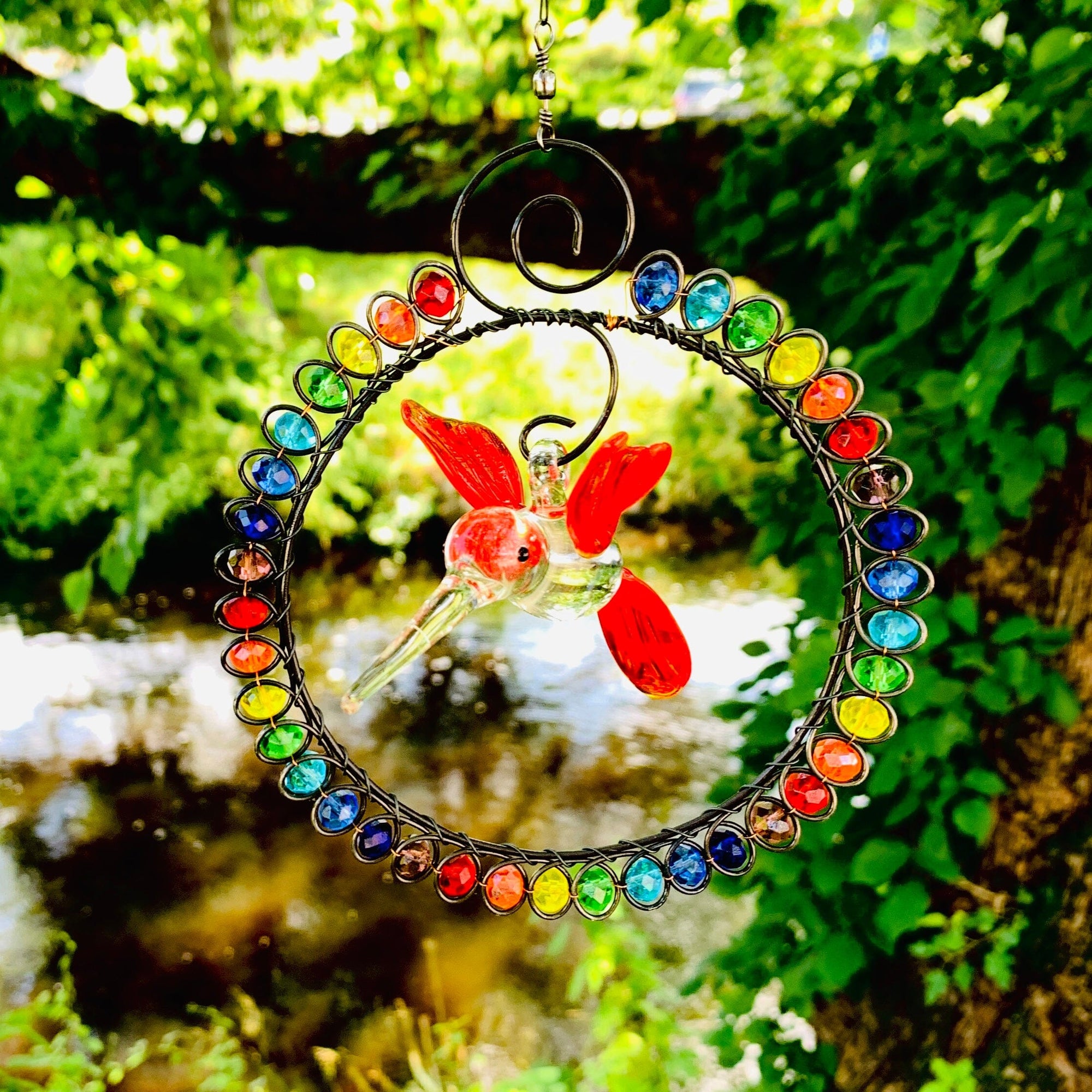 Glass Beaded Suncatcher with Hummingbird 7, Red Decor Whimsical Wire and Glass 