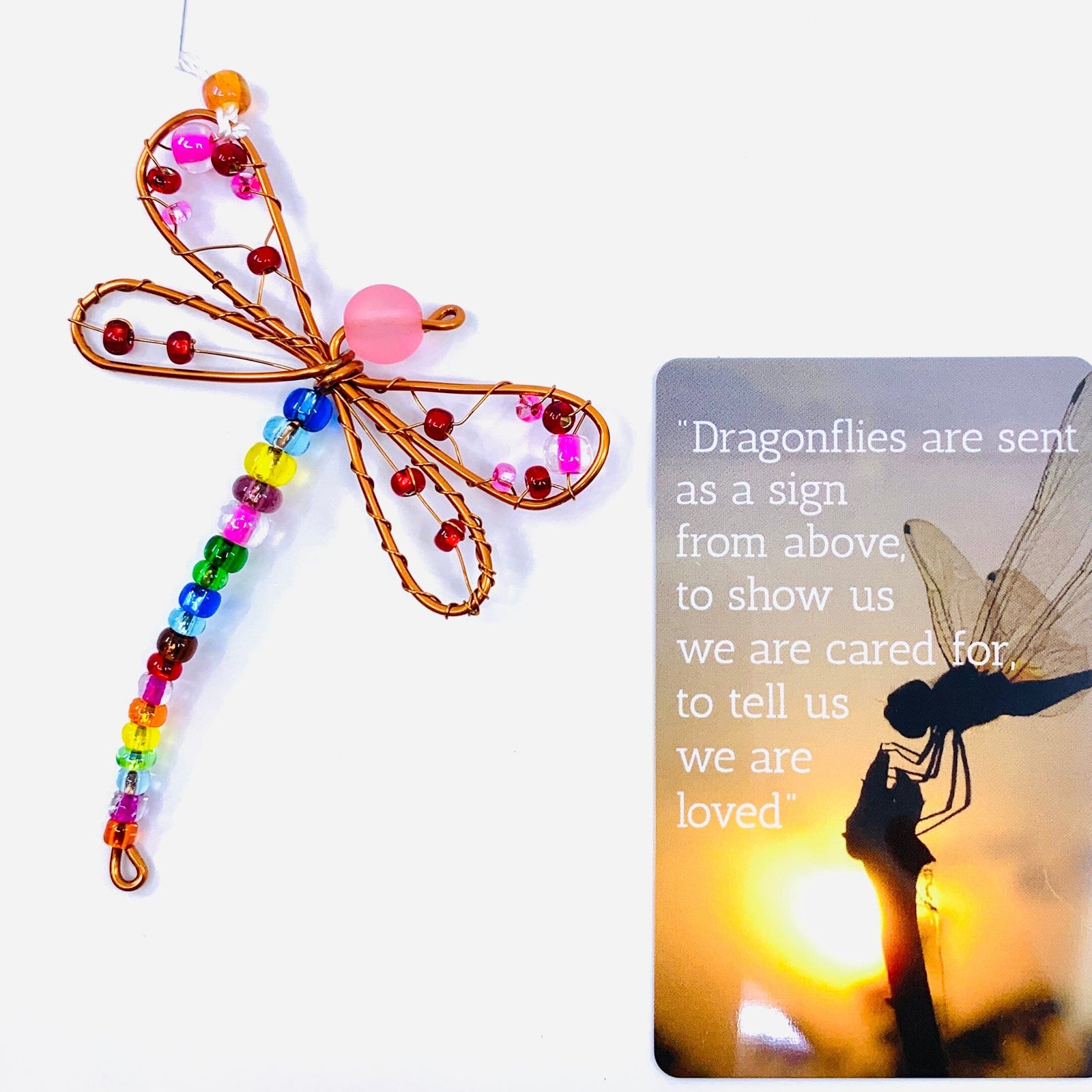 Carded Copper Suncatcher 2, Rainbow Dragonfly Decor Whimsical Wire and Glass 