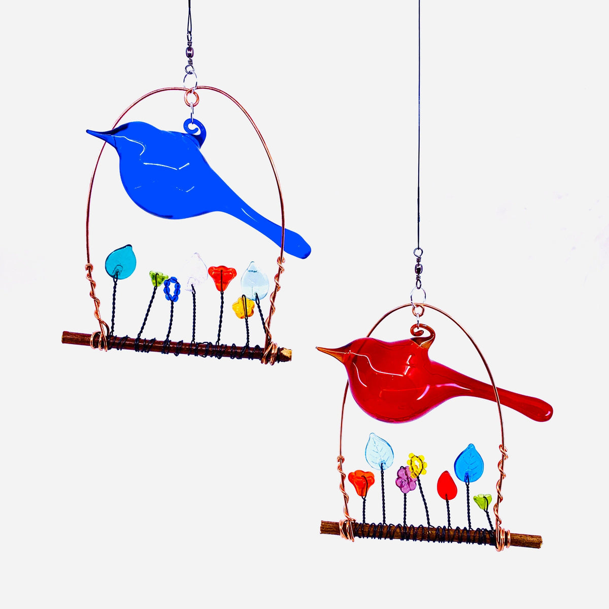 Hand Blown Glass Bird Wired Flower Garden Swing 2, Blue Decor Whimsical Wire and Glass 