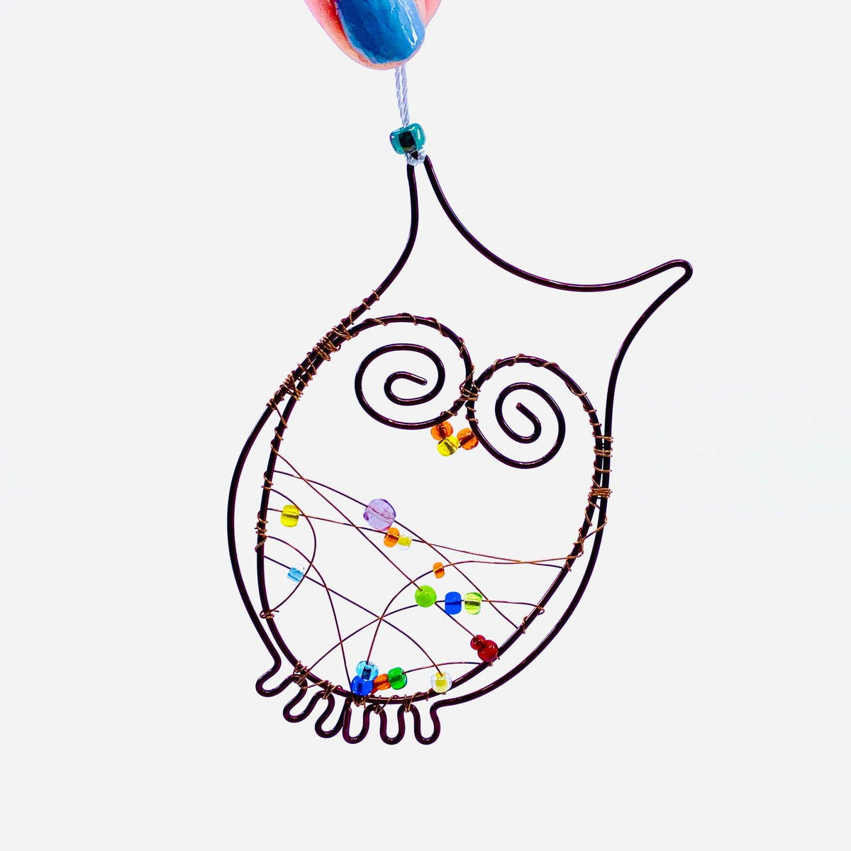 Carded Copper Suncatcher 1, Owl Decor Whimsical Wire and Glass 