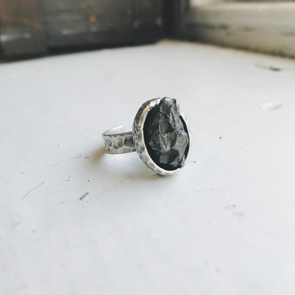 Meteorite Adjustable Ring, Oval Jewelry Yugen Handmade 