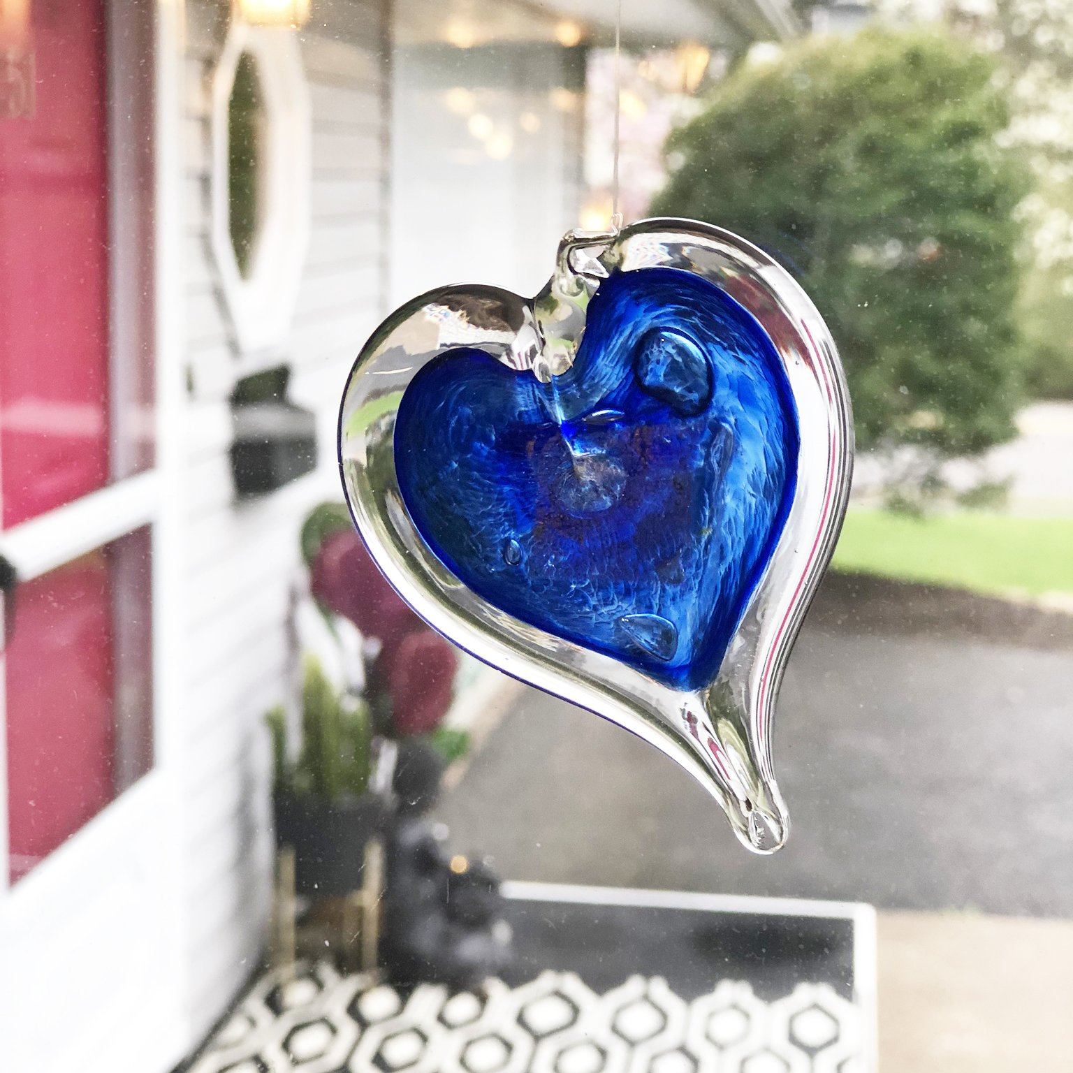 Heart Ornament, Sapphire Suncatcher Luke Adams Glass Blowing Studio 