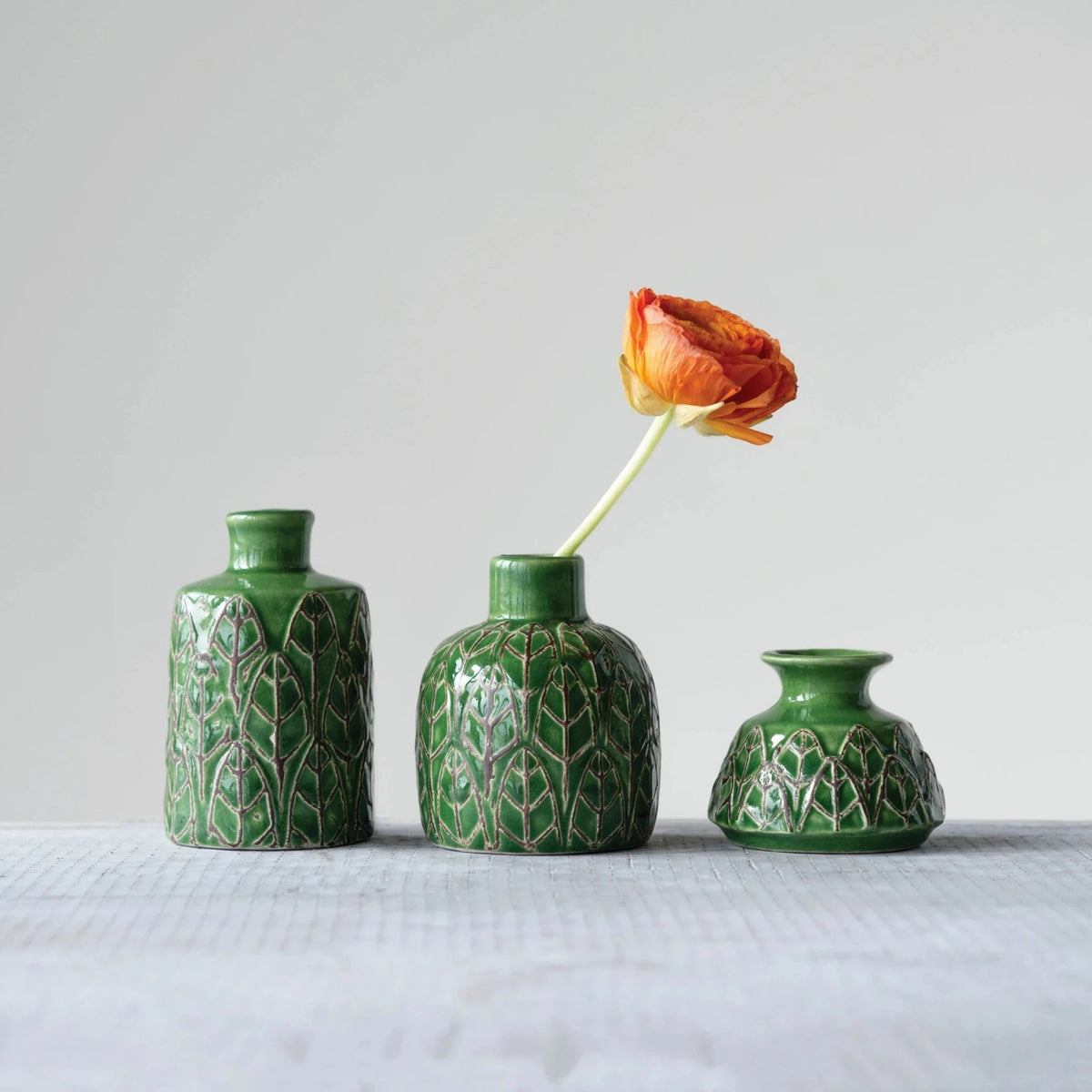 Stoneware Embossed Vases, Green Set Of 3 Decor Creative Co-op 