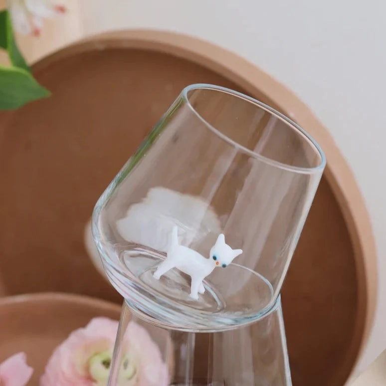 Tiny Animal Wine Glass, White Cat Decor MiniZoo 