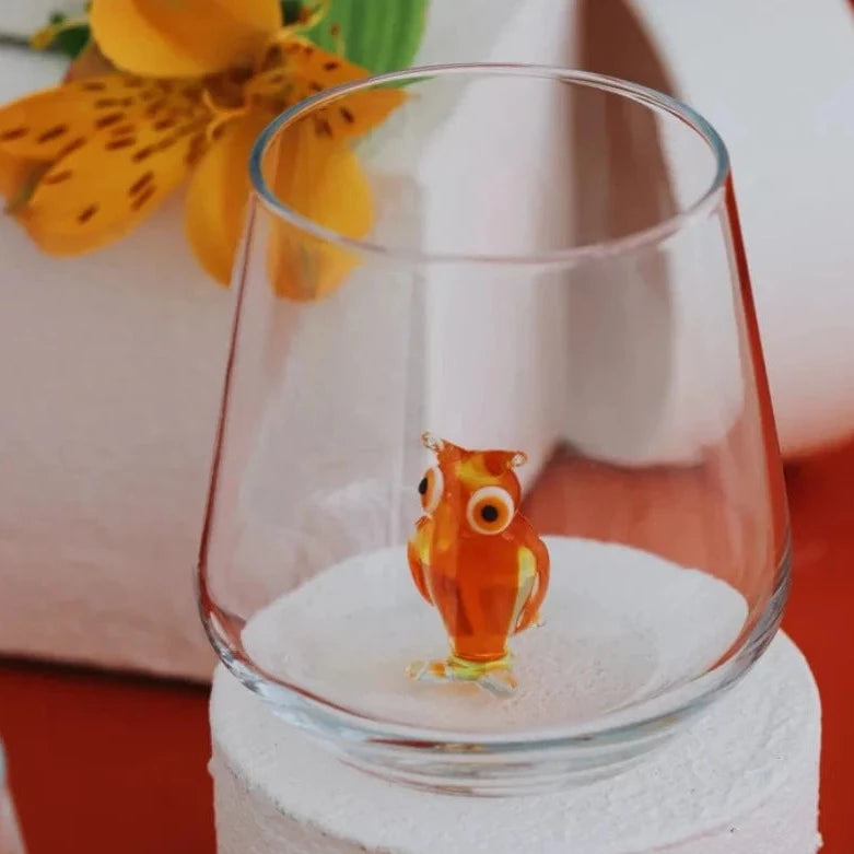 Tiny Animal Wine Glass, Orange Owl Decor MiniZoo 