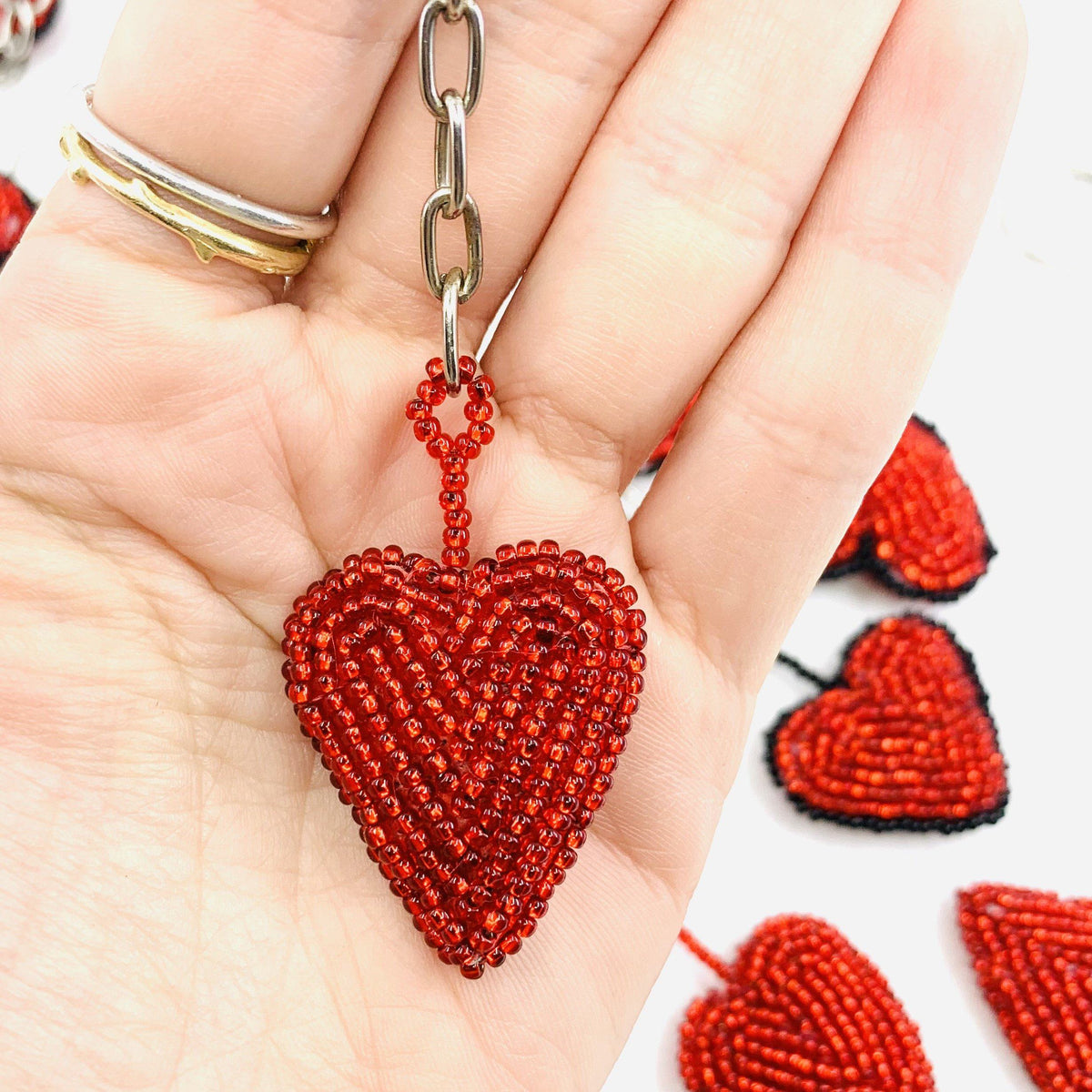 Glass Beaded Key Chain, Heart Accessory Lumily Red 