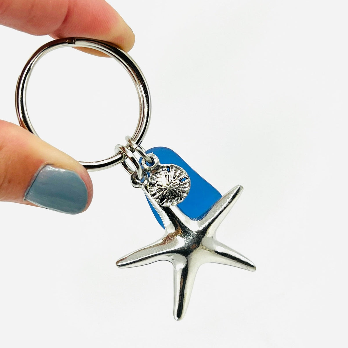 Pewter Sea Star Keychain with Blue Sea Glass Jewelry Basic Spirit 