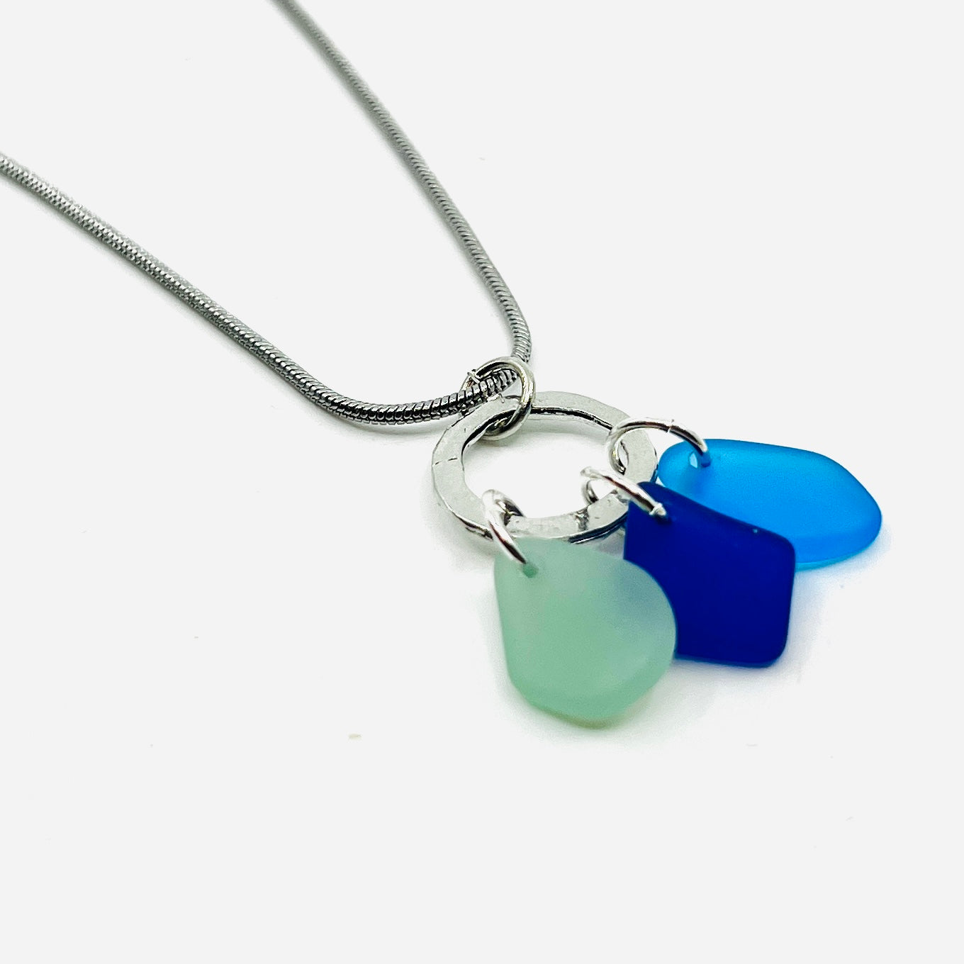 3 Blues- Sea Glass W/ Sterling Floating Charms Locket Necklace