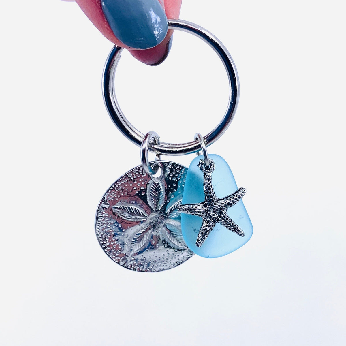 Pewter Sand Dollar Keychain with Blue Sea Glass Jewelry Basic Spirit 