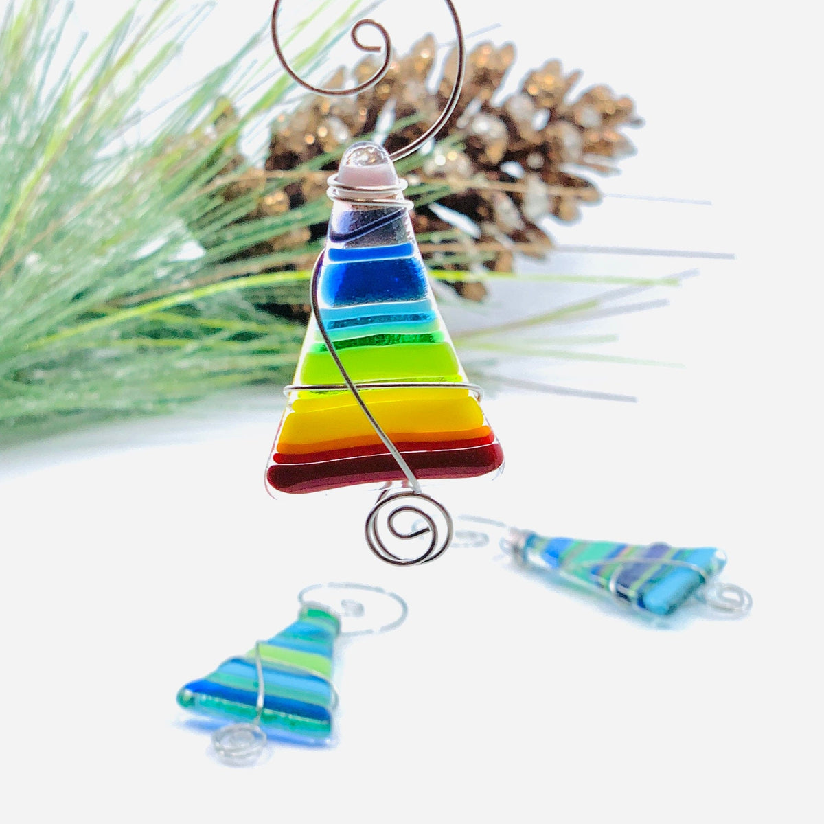 Mini Striped Fused Glass Tree, Rainbow Ornament Haywire Art 