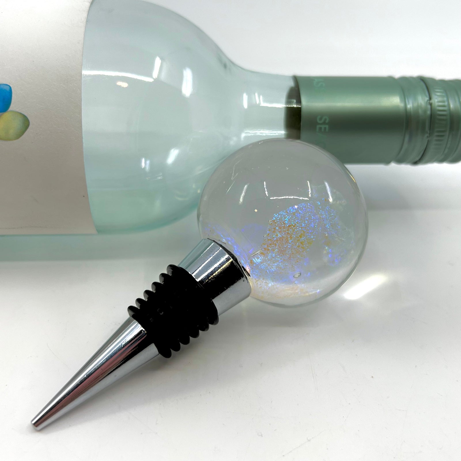Glass Wine Stopper, Blue Dichro Accessory Melt Glass 