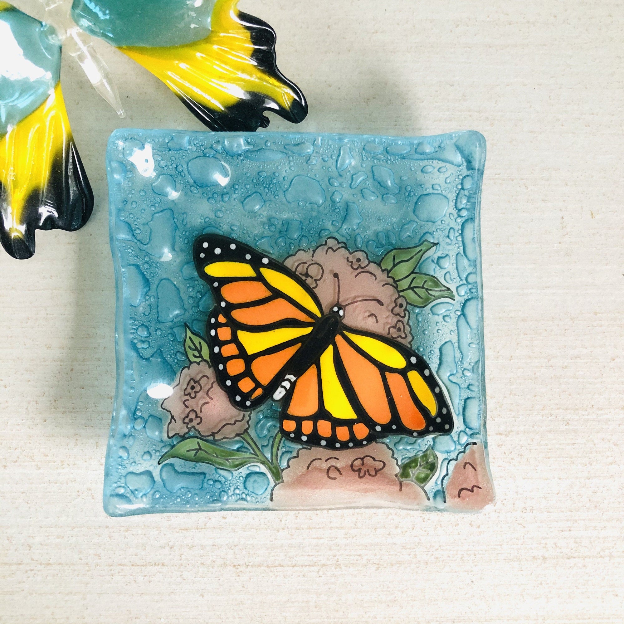 Fair Trade Square Plate - QP-32 Monarch Butterfly Luke Adams Glass Blowing Studio 