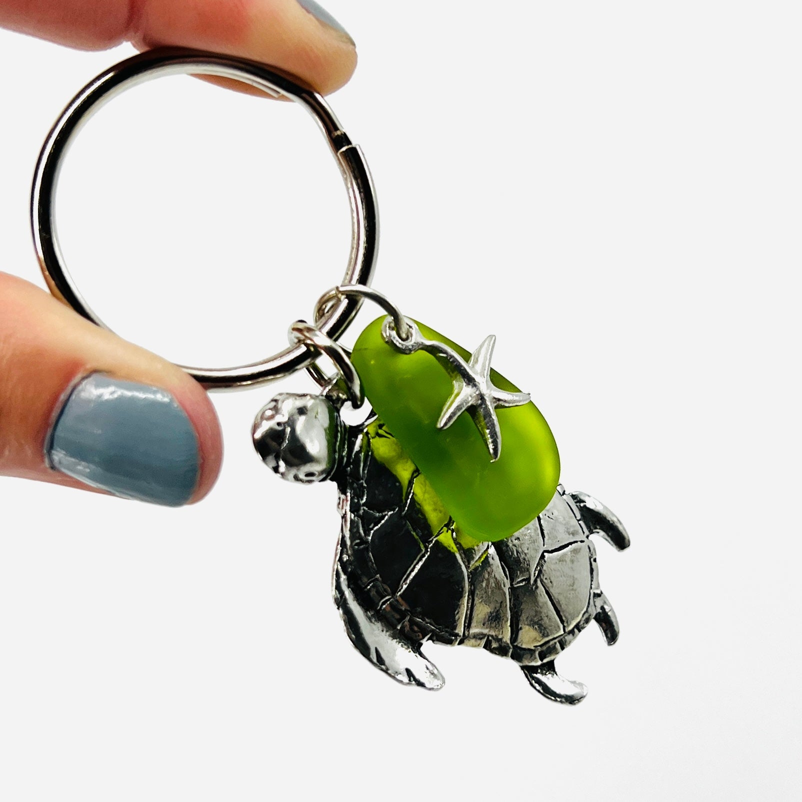 Pewter Turtle Keychain with Green Sea Glass Jewelry Basic Spirit 