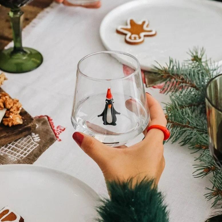 Tiny Animal Wine Glass, Santa Penguin Decor MiniZoo 