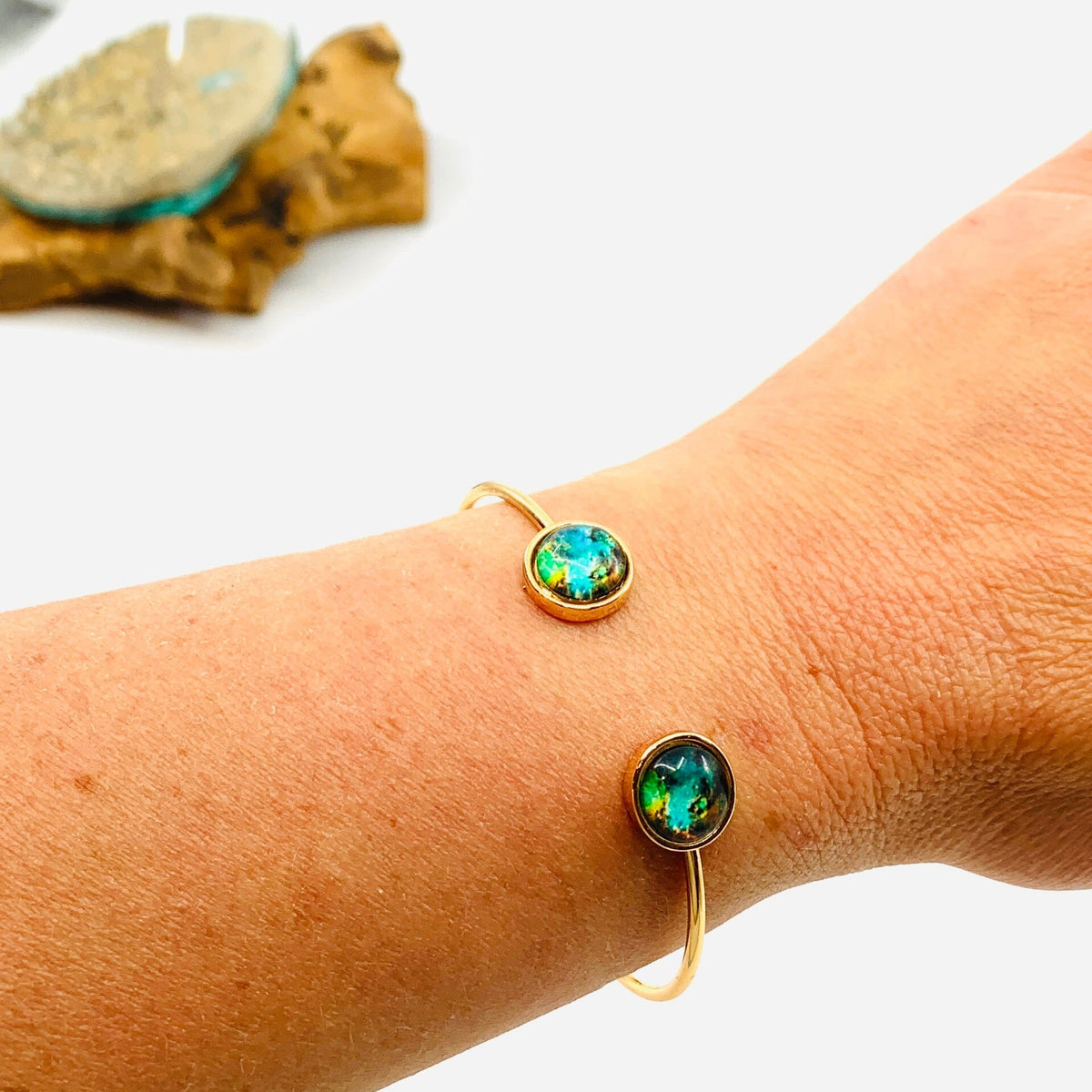 Galaxy Detail Cuff Bracelet, Gold Teal and Green Jewelry - 