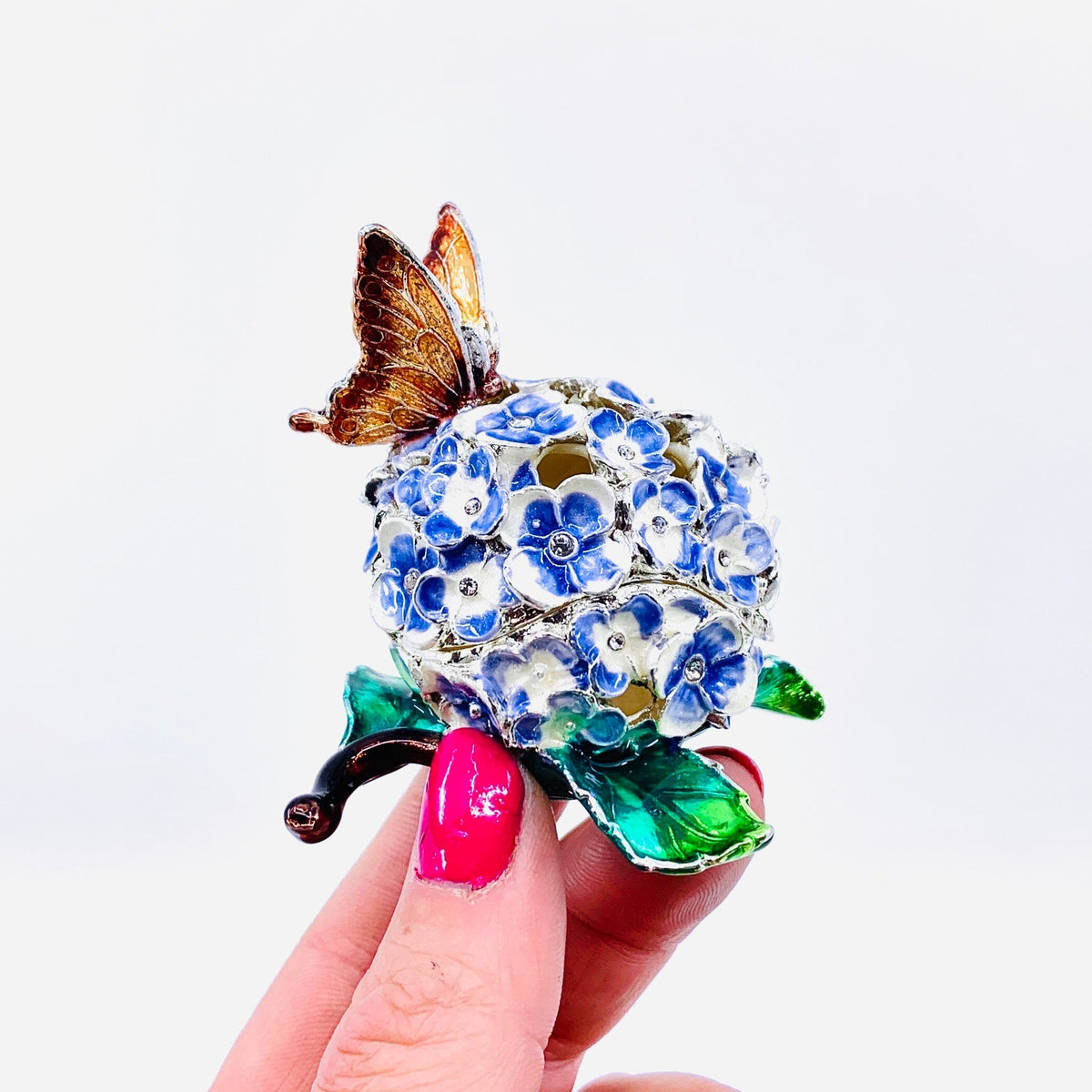 Bejeweled Enamel Trinket Box, Hydrangea with Butterfly Decor Kubla Craft 