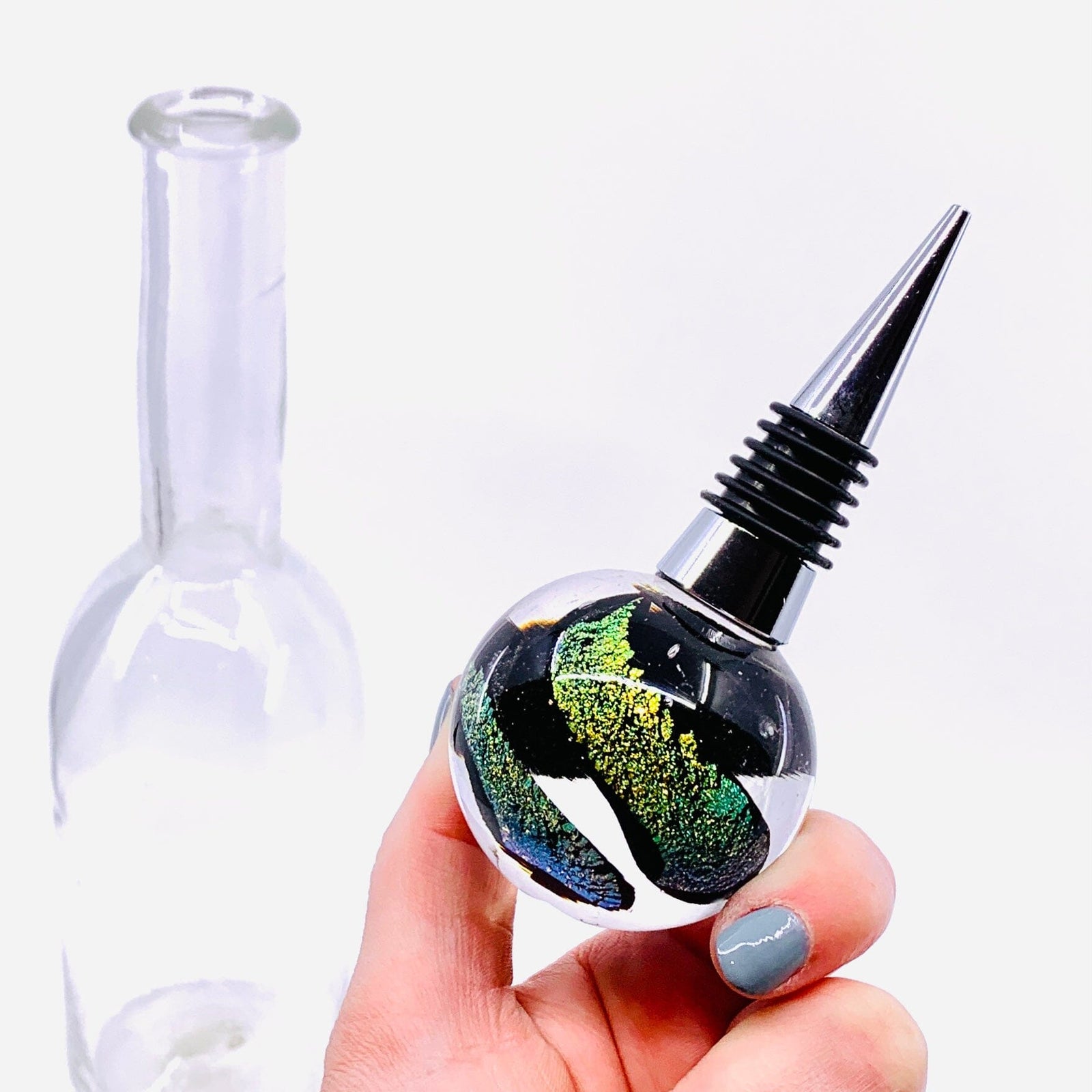 Glass Wine Stopper, Black Green Dichro Accessory Melt Glass 