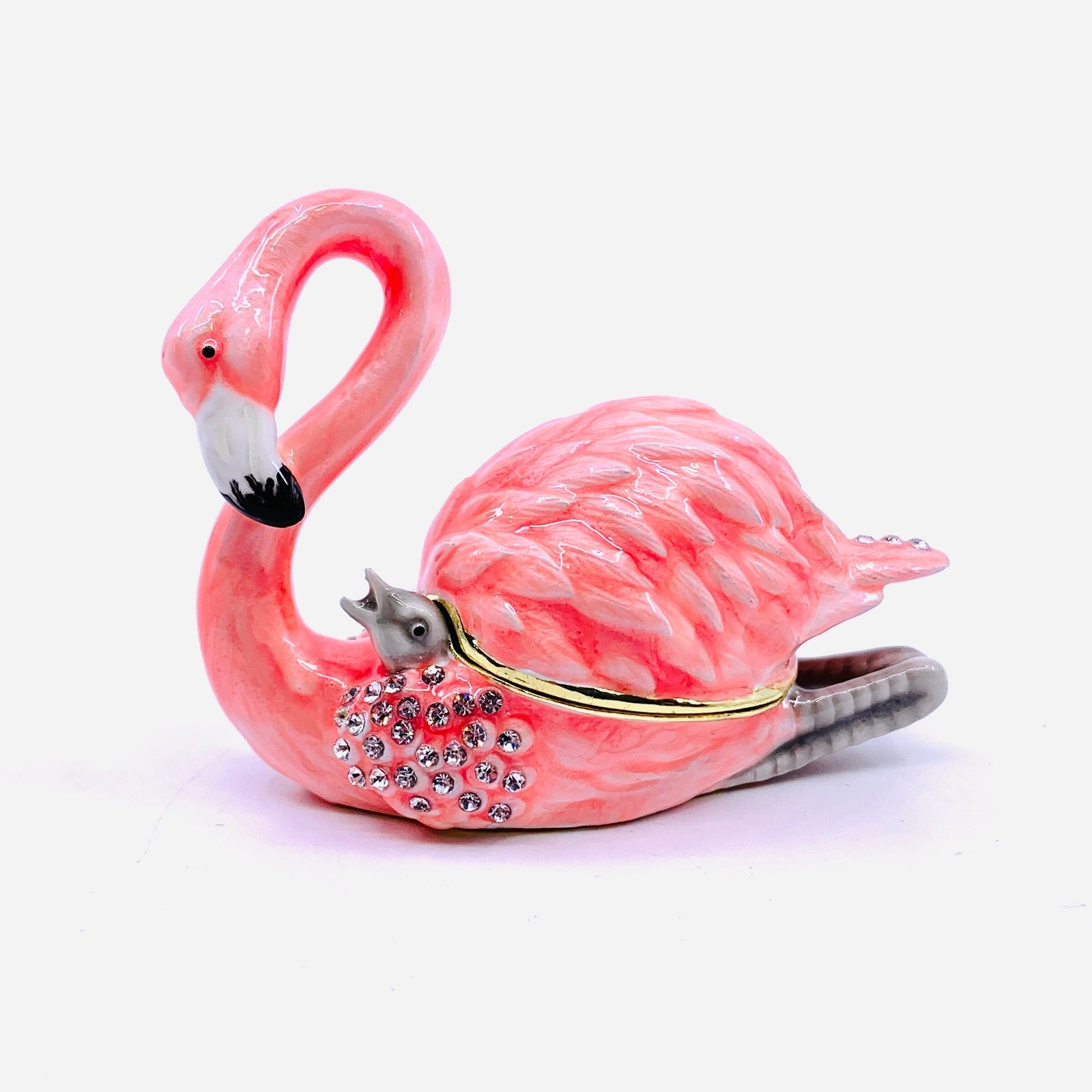 Bejeweled Enamel Trinket Box, Flamingo and Baby Decor Kubla Craft 