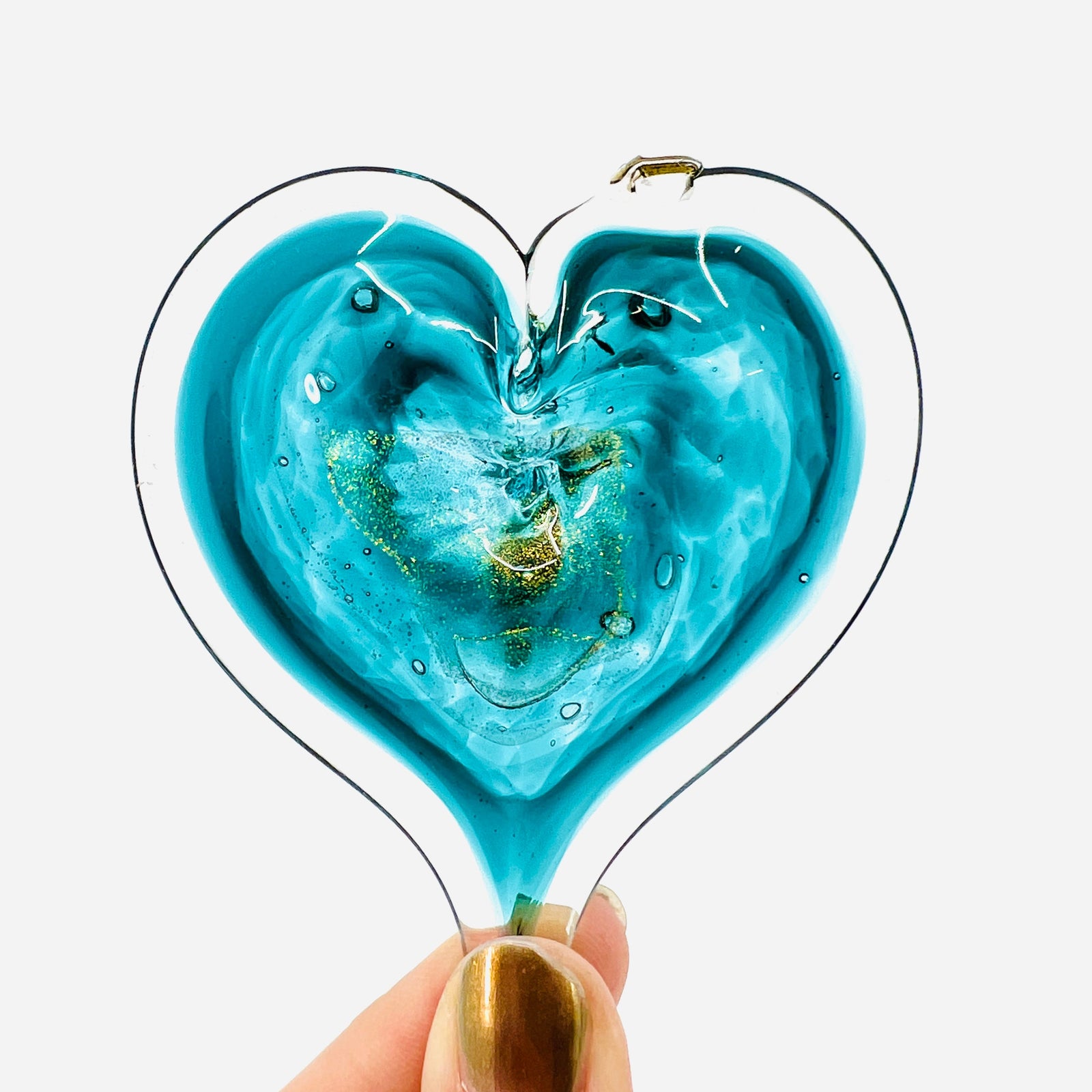 Heart Ornament, Aquamarine Suncatcher Luke Adams Glass Blowing Studio 