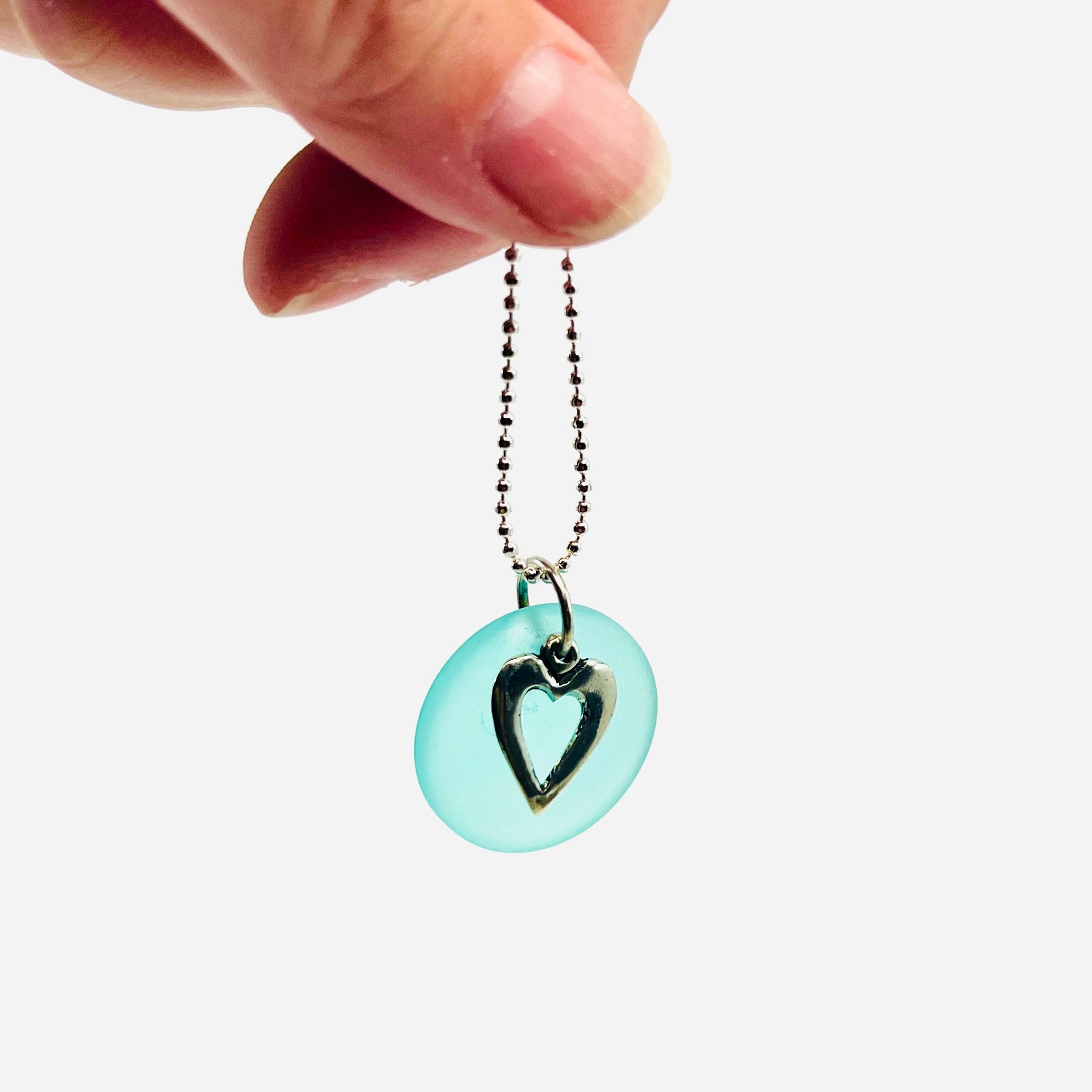 Pewter Heart Pendant Necklace with aqua Sea glass Jewelry Whitney Howard Designs 