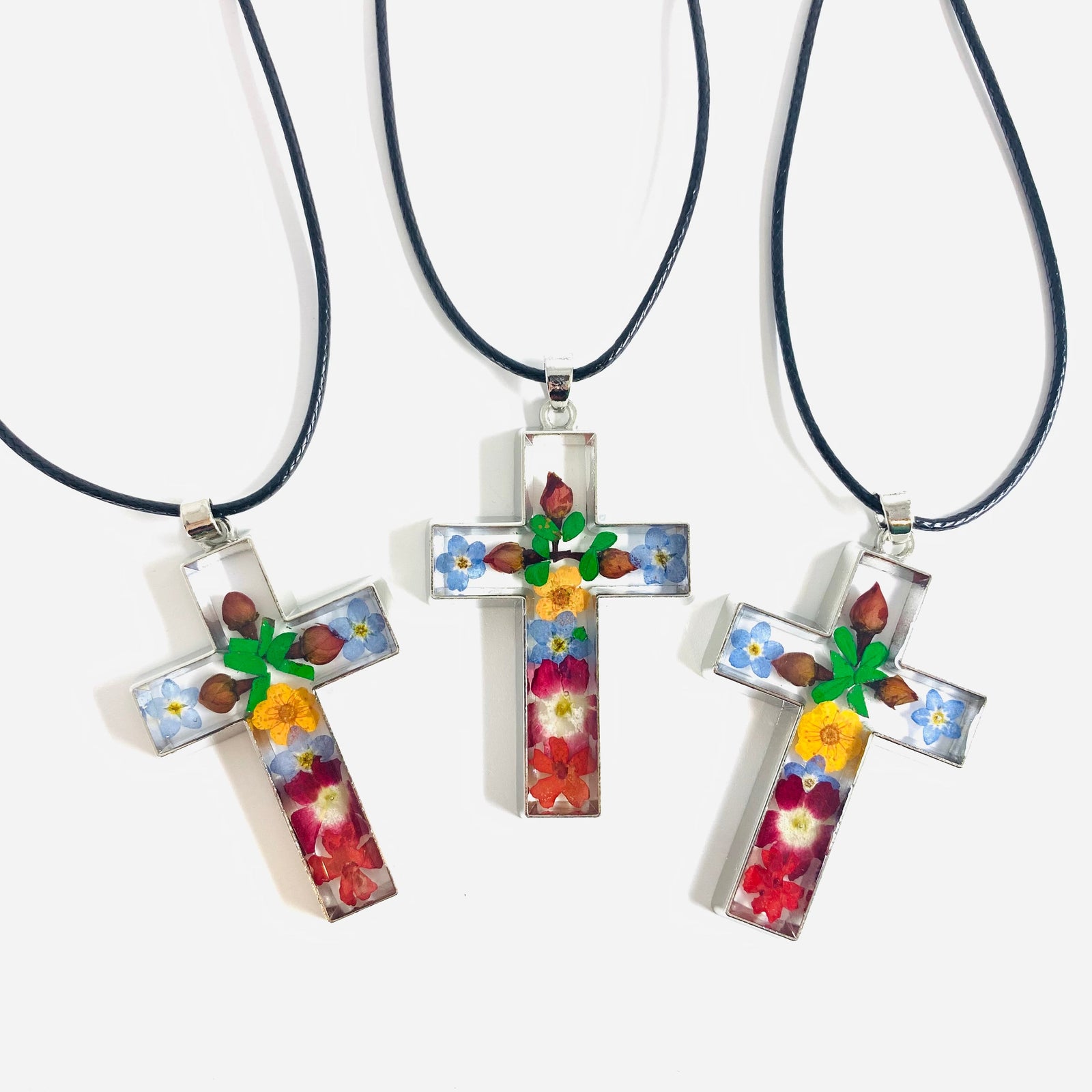 Pressed Flower Cross Necklace - 