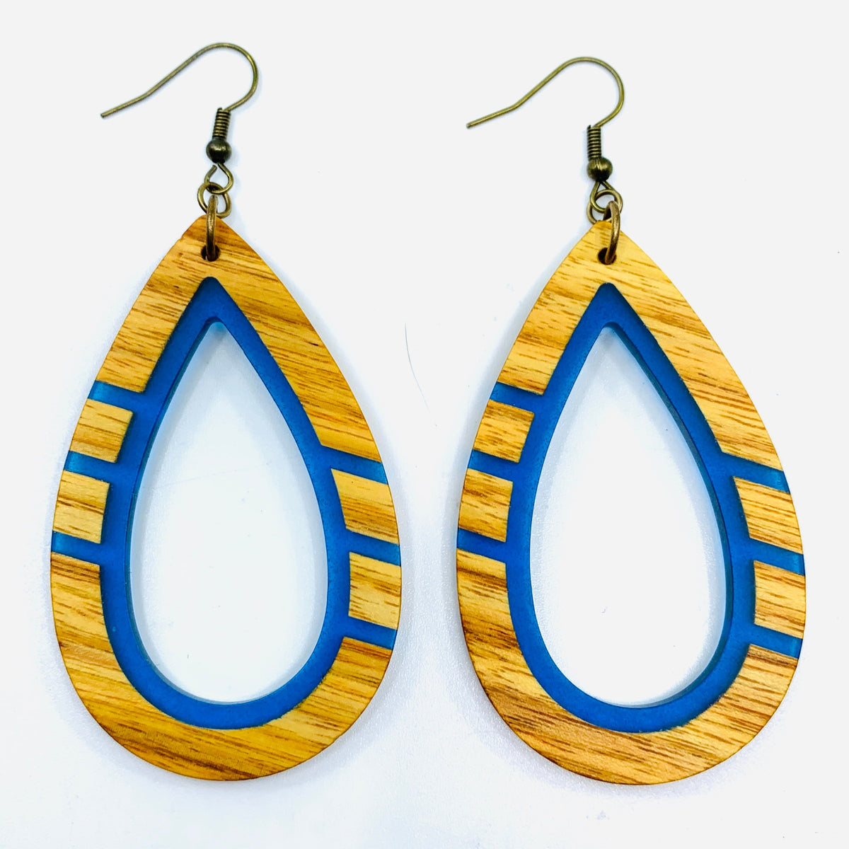 Kauai Wooden Earrings Luke Adams Glass Blowing Studio Blue 