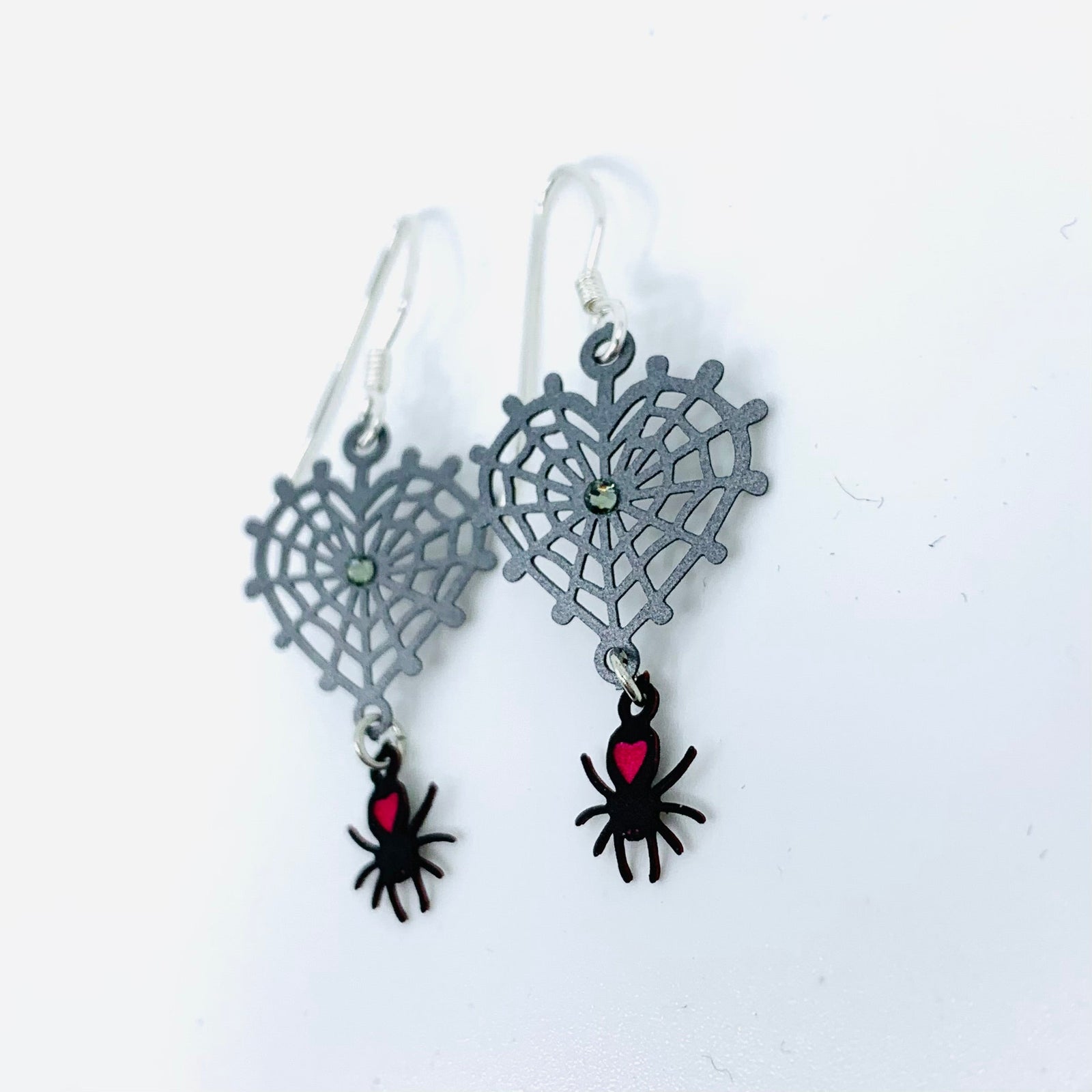 Tiny Whimsical Earrings, Spiderweb Heart Jewelry Sienna Sky 