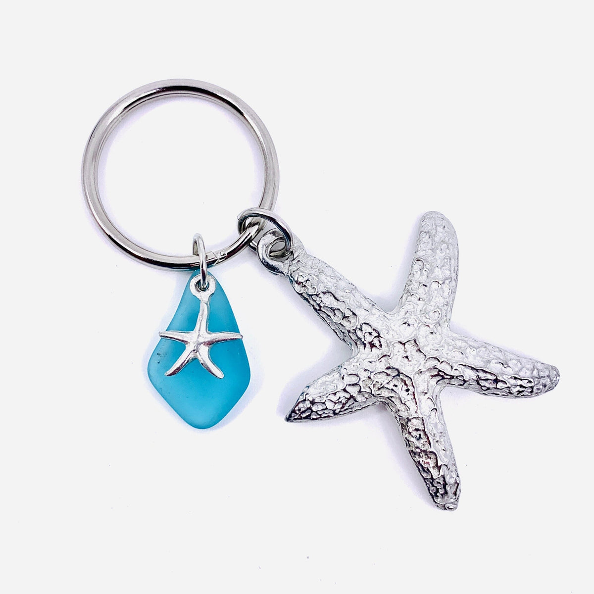 Pewter Starfish Keychain with Blue Sea Glass Jewelry Basic Spirit 