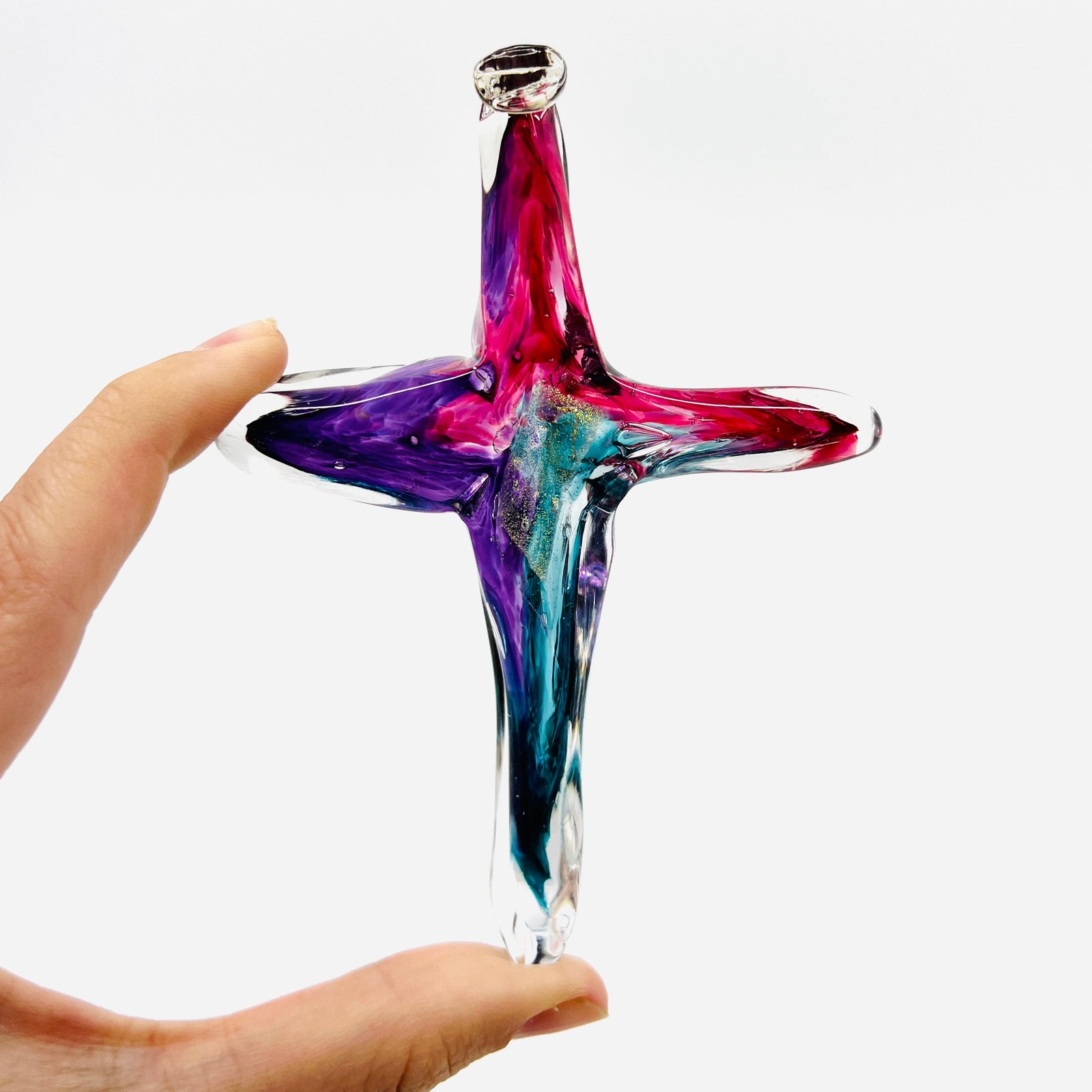 Cross Ornament, Peacock Suncatcher Luke Adams Glass Blowing Studio Large 