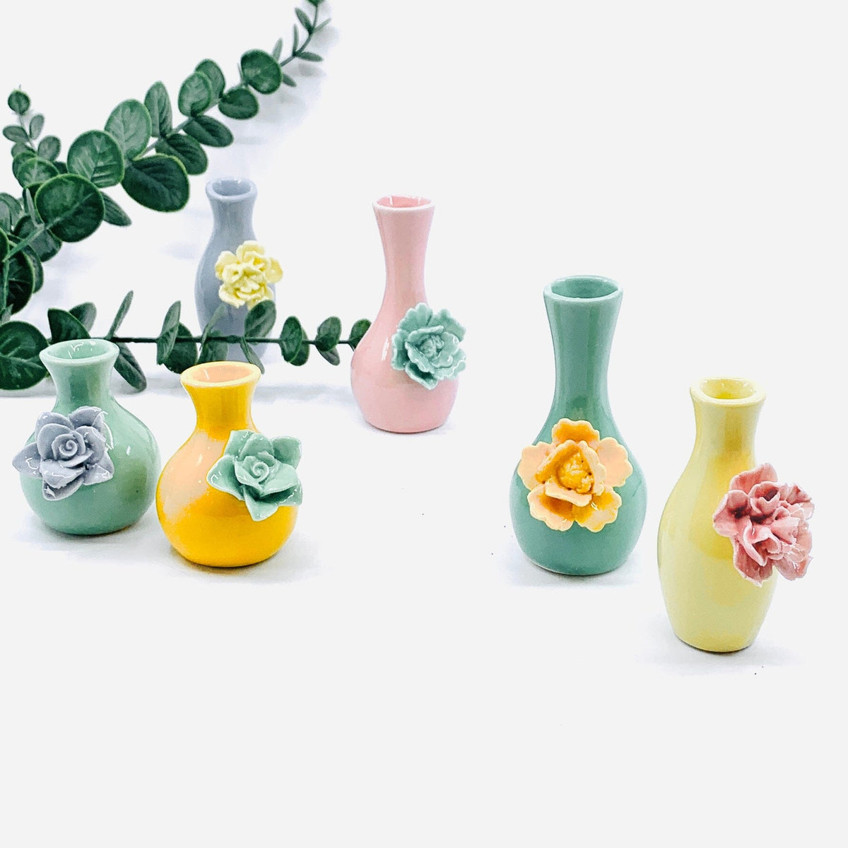 Mini Ceramic Flower Bud Vases, Pink with Mint Flower Decor One Hundred 80 Degrees 