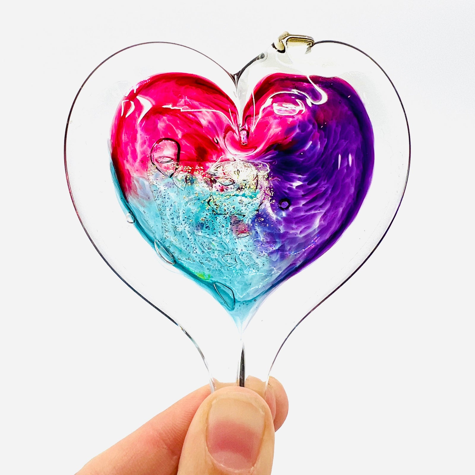 Heart Ornament, Peacock Suncatcher Luke Adams Glass Blowing Studio Small 